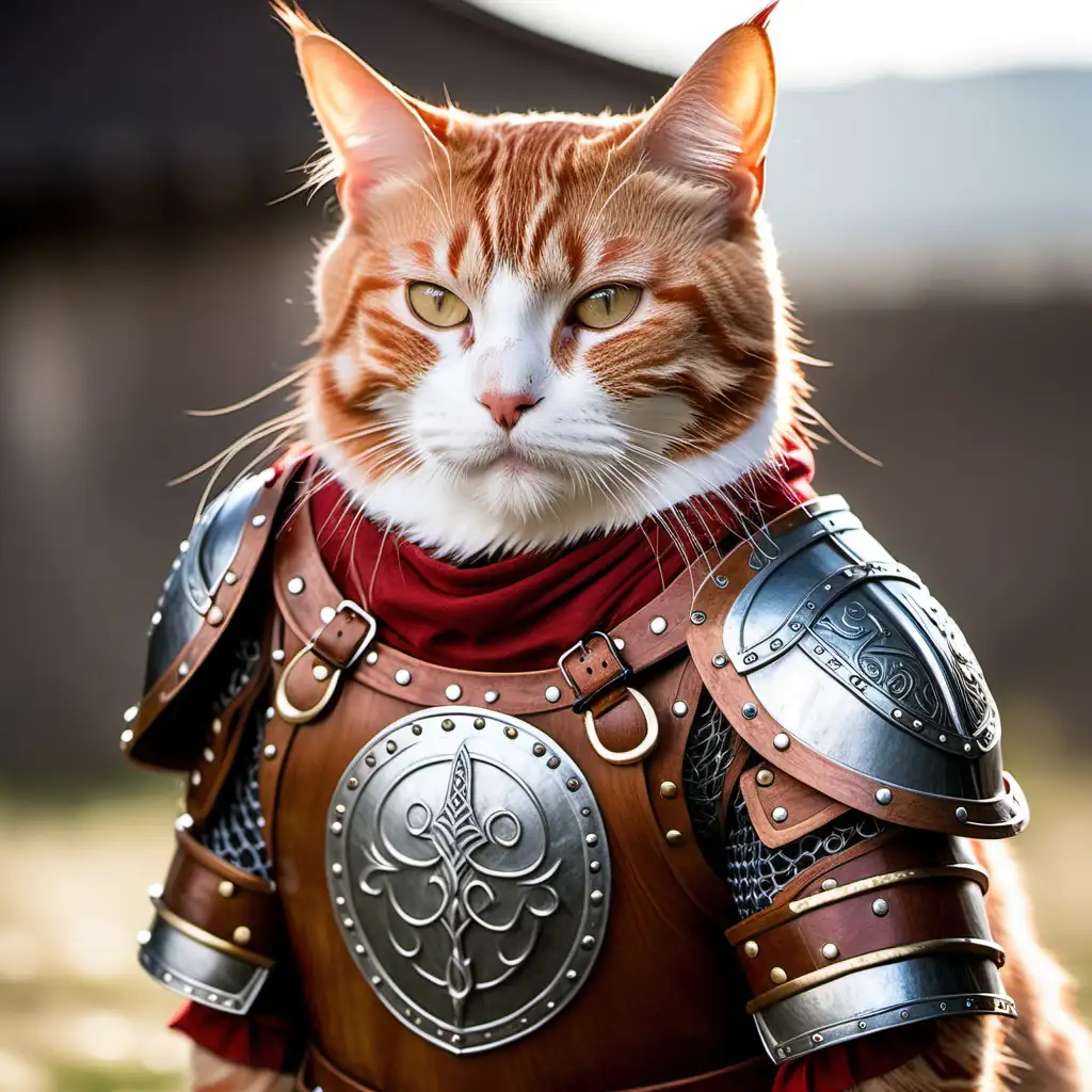 Red tabby cat wearing viking armor