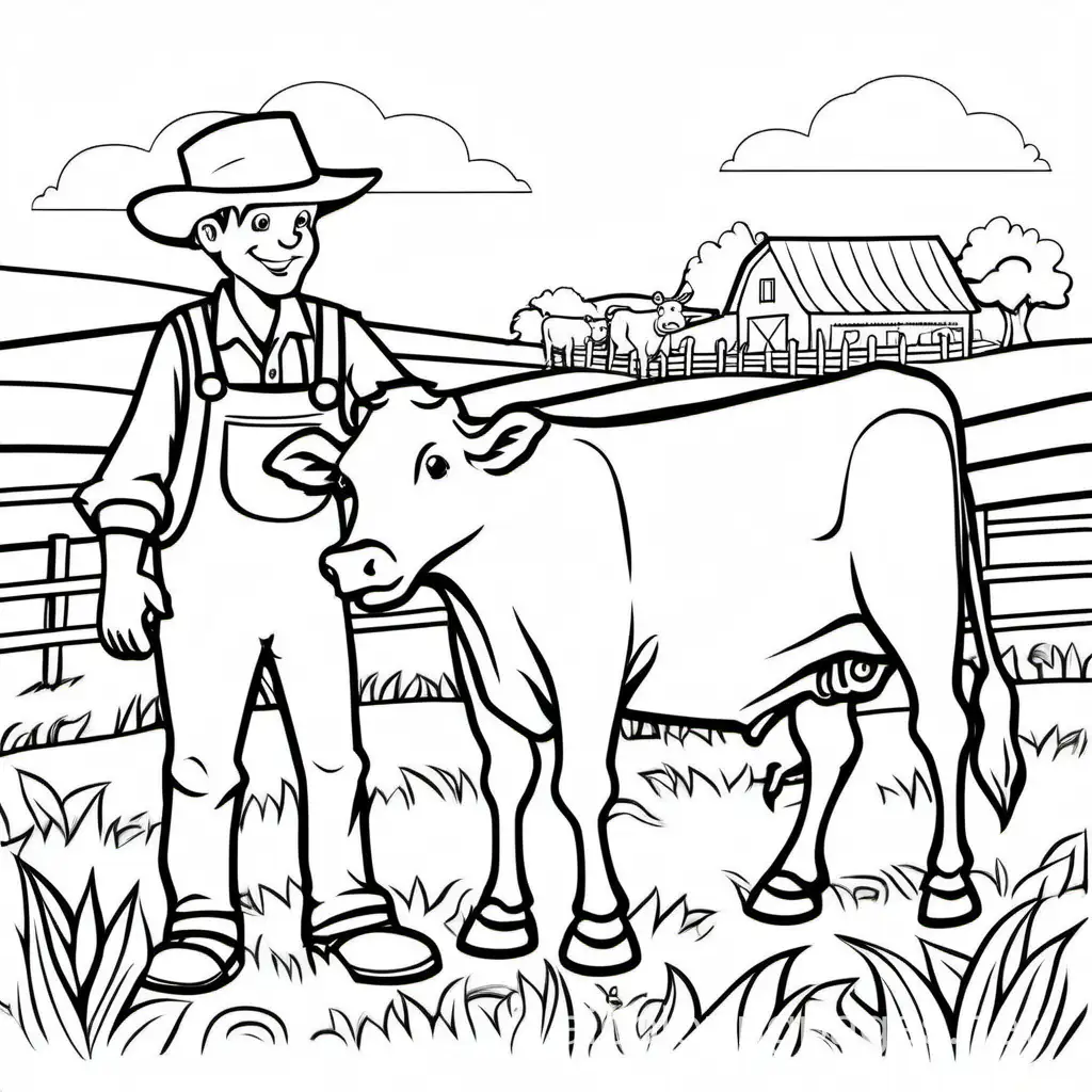 farmers working with cow and hours, Coloring Page, black and white, line art, white background, Simplicity, Ample White Space. The background of the coloring page is plain white to make it easy for young children to color within the lines. The outlines of all the subjects are easy to distinguish, making it simple for kids to color without too much difficulty