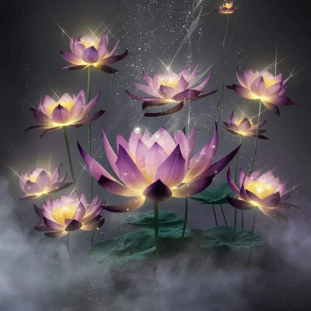 hyper realistic,, cinematic, detailed bokeh, floating in the air magic lotus flowers with light shades of purple, pink, yellow, sparkling, with mist droplets , surrounded by mysterious white fog