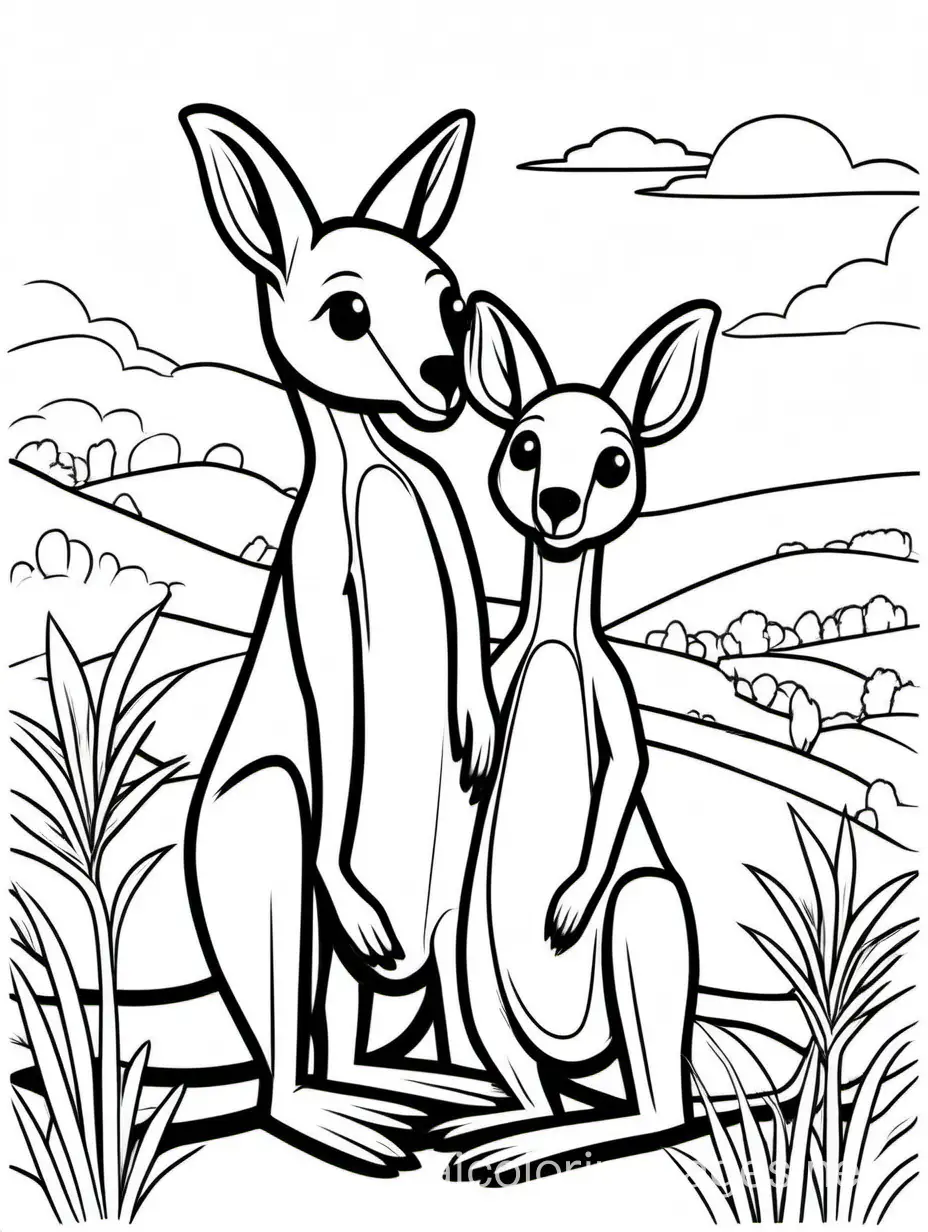 cute Kangaroo with his  Joey for kids , Coloring Page, black and white, line art, white background, Simplicity, Ample White Space. The background of the coloring page is plain white to make it easy for young children to color within the lines. The outlines of all the subjects are easy to distinguish, making it simple for kids to color without too much difficulty