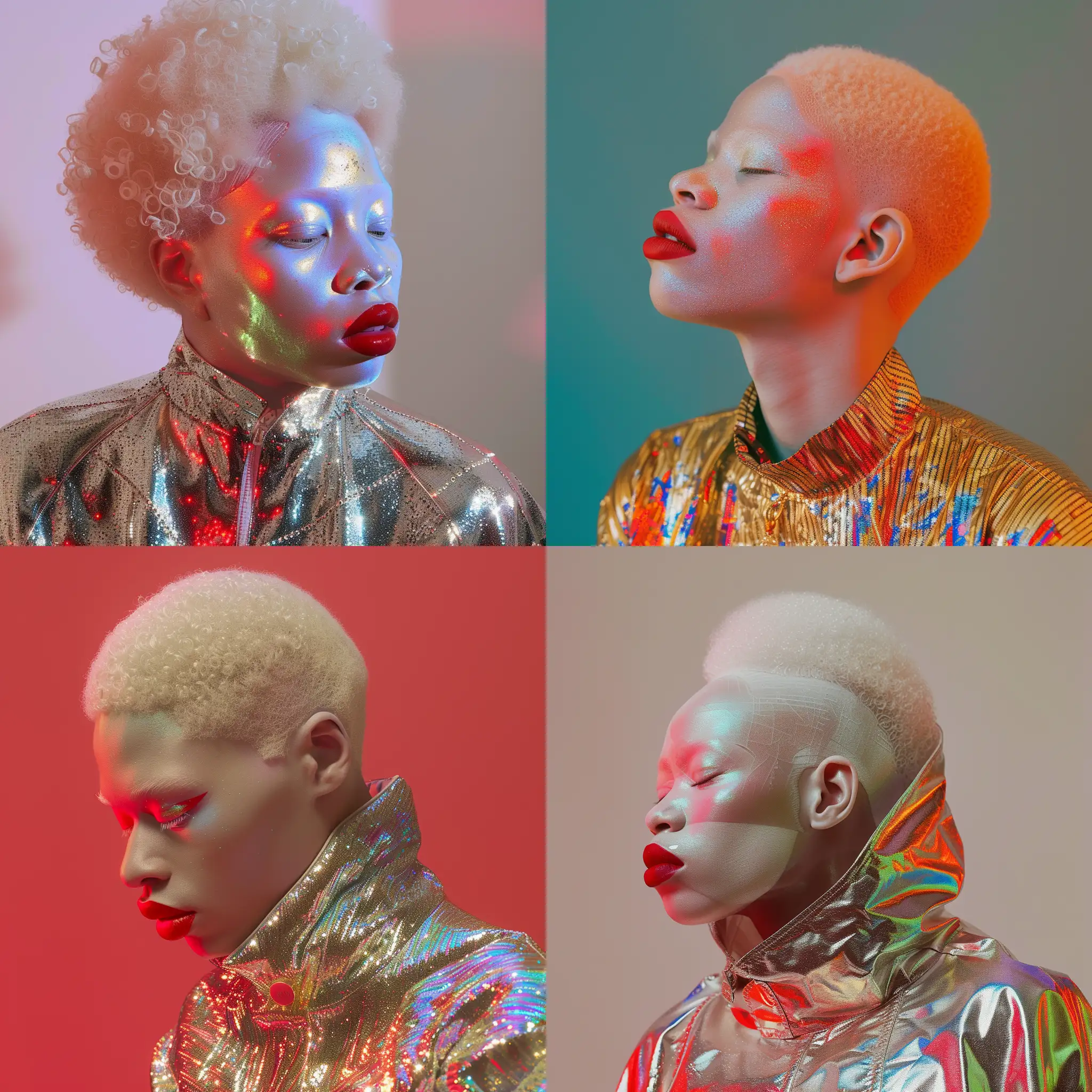 Albino africano in a holographic outfit Kodak flat background realistic red lipstick 