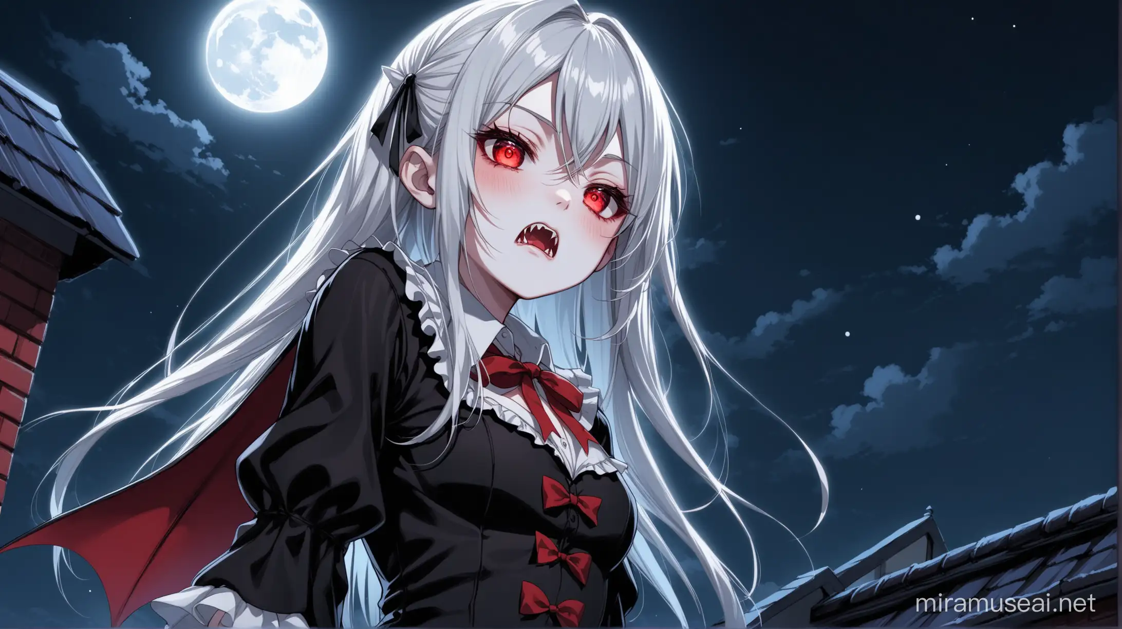 Aesthetic Krul Tepes a young and cute vampire girl, long silver hair and vampire fangs and red eyes standing on building rooftop, school grounds, low angle, from below, night, Dutch angle, full moon, high detail, best quality, detailed eyes, wearing a black outfit with detached sleeves, crazed expression, wide irises, cold expression, standing, full body, moonlight, two side up hairstyle