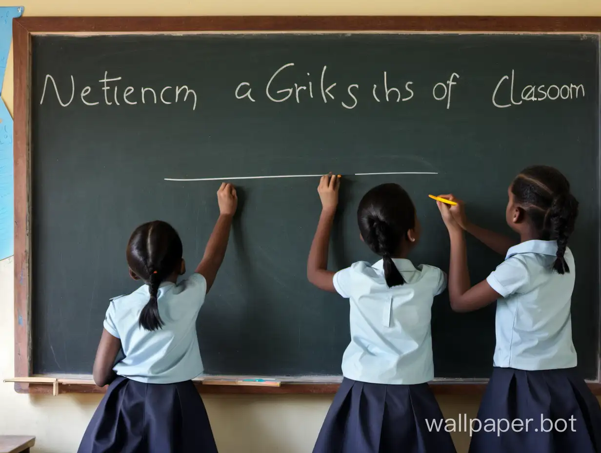 Girls writing on a blackboard at the front of a classroom.