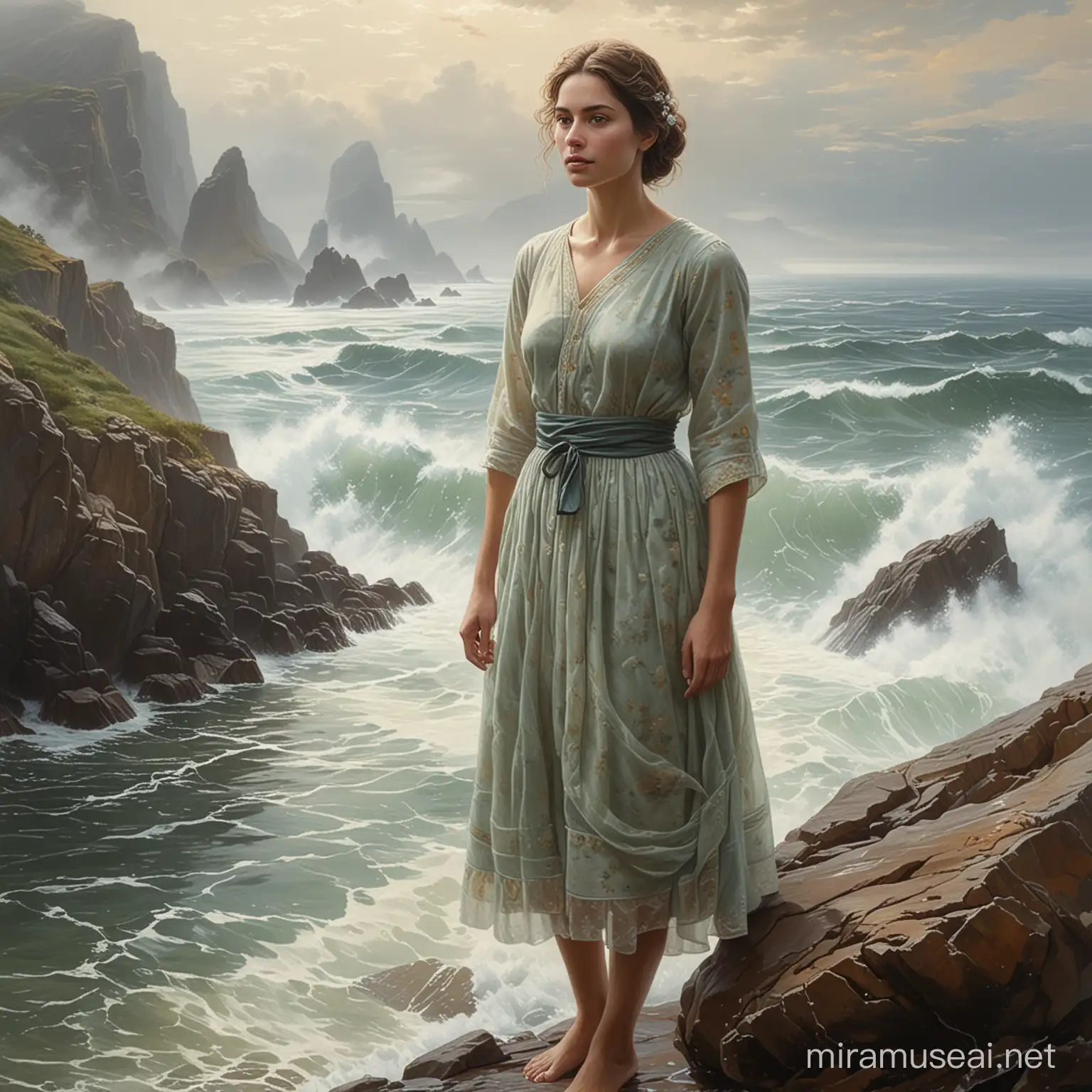 The image is a painting of a person wearing a dress. It depicts a human face and is a portrait of a lady.The image depicts a large rock in the water. It showcases a rocky coastal or oceanic landform jutting out into the sea. The scene captures the natural beauty of the landscape with fog in the background.