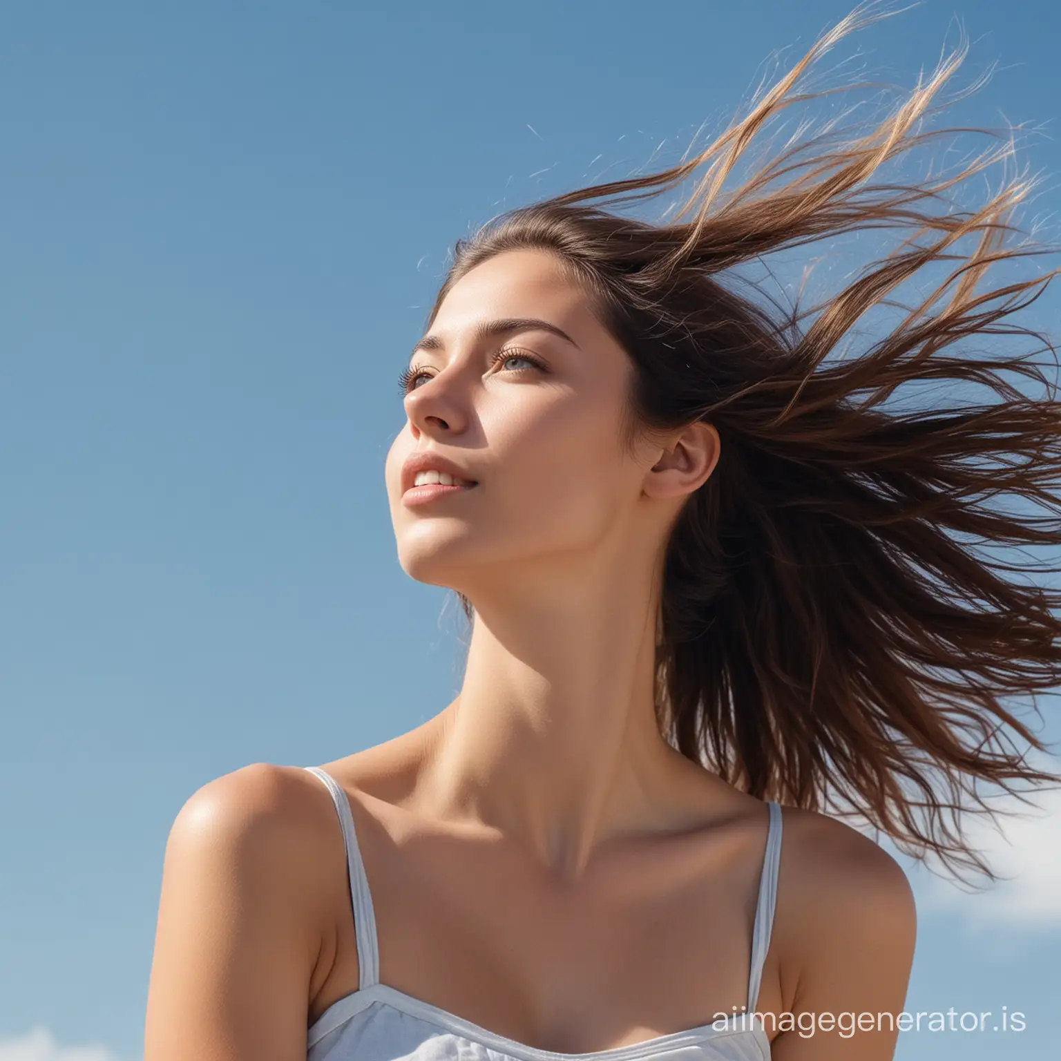 young woman 25 years old, her face calm and thoughtful, hair gathered, no clothes on her shoulders, she poses, she looks to the right and reaches out to take, behind her is a blue clear sky