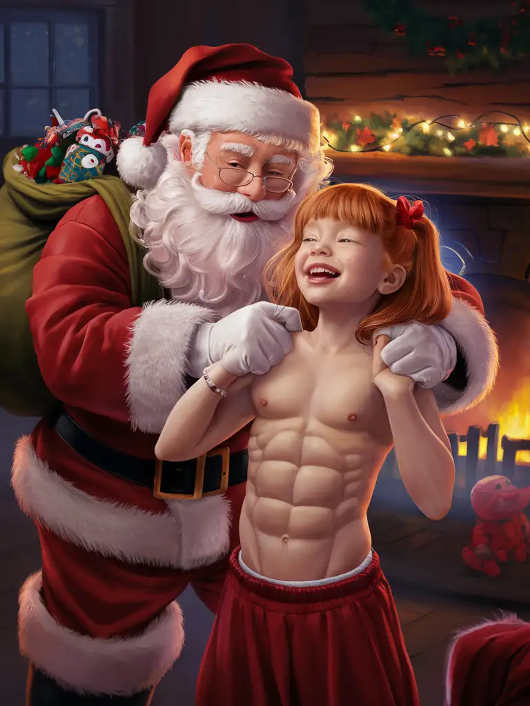 7years old ginger hair girl, flat chested, muscular abs, showing her belly, tickled by Santa