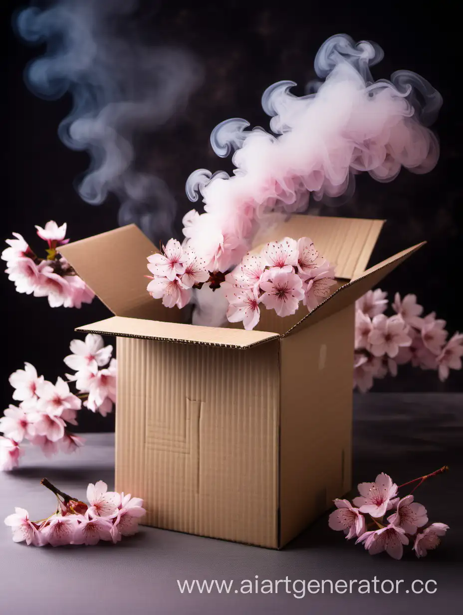  картонная коробка на фоне сакуры вишни и дыма