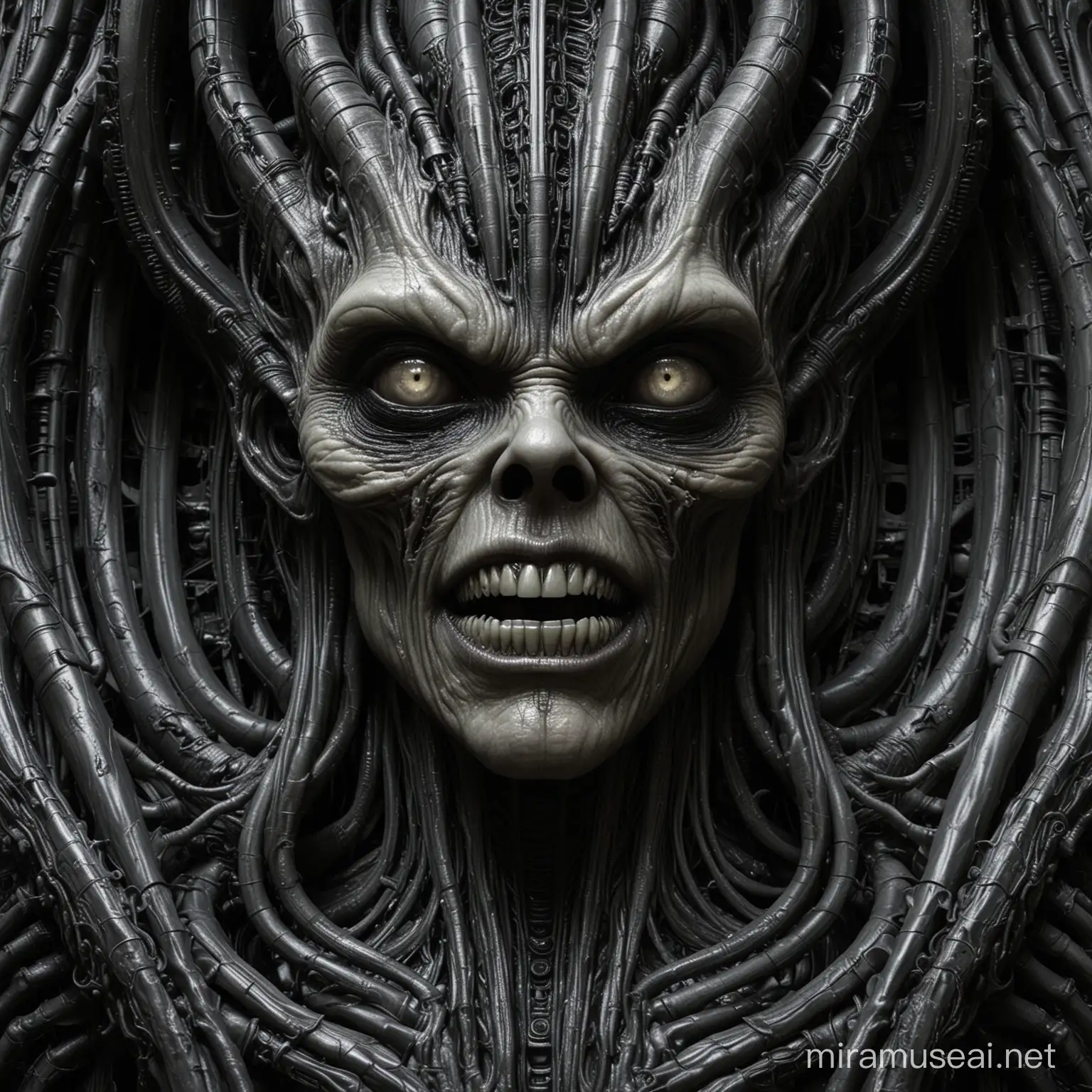 Hyperrealistic, abominable monstrosity::2.2, style of H. R. Giger, biomechanical, dark, detailed flesh and metal fusion, disconcerting, grotesque, unnatural, strange, horrific perspective, extreme closeup, chiaroscuro, stark contrast, harsh lighting 