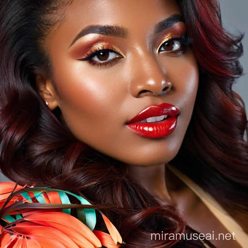   headshot photo of gorgeous black woman hair model in her 20’s with long 
voluminous hair with red highlights. Her make up is glam. Her beautiful skin 
exudes a natural radiance. She embodies elegance and professionalism. the theme 
color is red With meticulous attention to detail, true to life, ultra realistic and the 
use of a high - end professional camera, this image reflects her beauty 
authentically