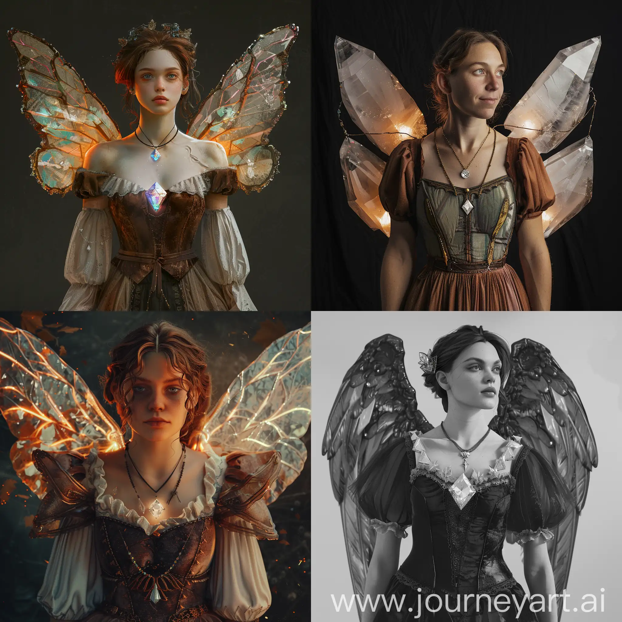 Midjourney seeks inspiration to portray a
stunning 25-year-old woman warrior who
embodies the fusion of Slavian and German
heritage, radiating beauty and intellect. This
woman wear small necklace with light bright
diamond on her chest and wear figured
medieval dress. On her back have large-
sized crystaled-angel wings. Her Slavian-German
background adds a unique dimension to her
character, blending the warmth of Slavian
culture with the cool, composed nature of
Slavian heritage. As Midjourney visualizes
her, he aims to capture her captivating
presence, sharp intellect, and the seamless
harmony of her dual cultural identity, all
while emphasizing her power of crystal.
Dark fantasy style