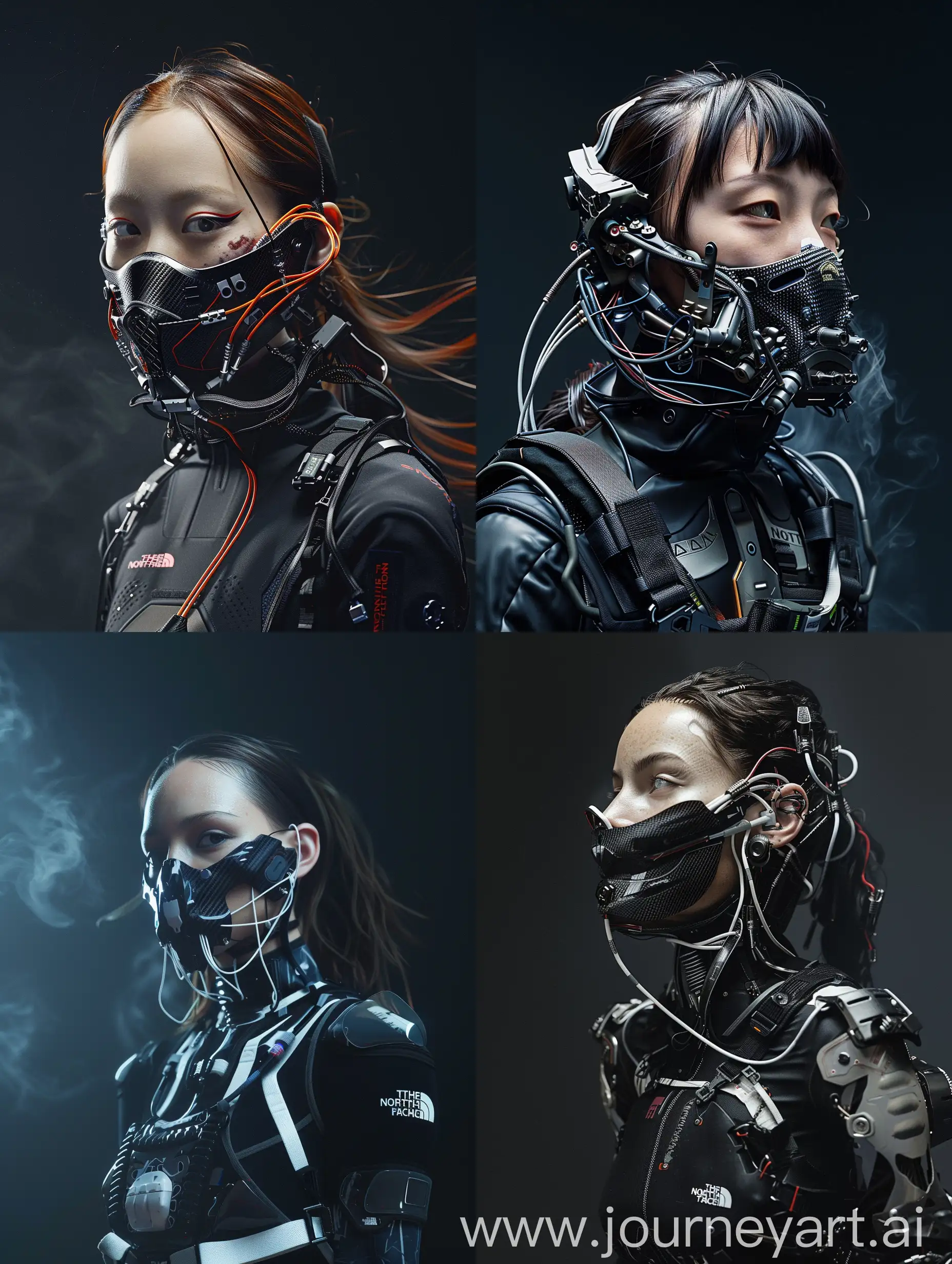 Futuristic-Cyberpunk-Woman-with-Cybernetic-Mask-and-North-FaceInspired-Addons