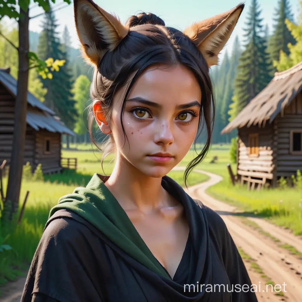  девушка с темными волосами собранными в пучок и коричнево-желтыми глазами, которая умеет превращаться в койота, на фоне зеленого леса и бедной деревни. Одета в черные лохмотья.
