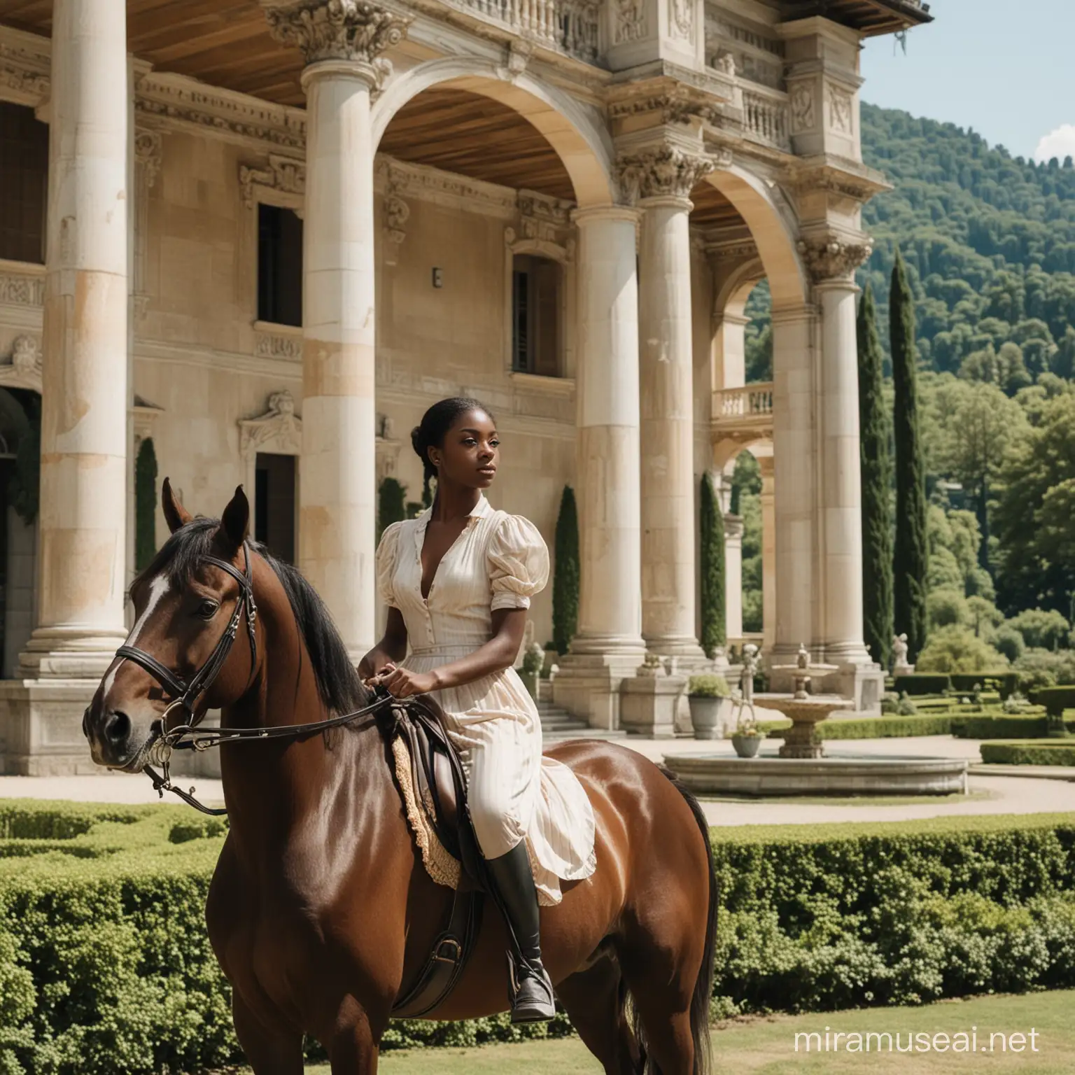 old money asthetic, Beautiful Black girl at Villa de Este in lake Como, riding a horse
