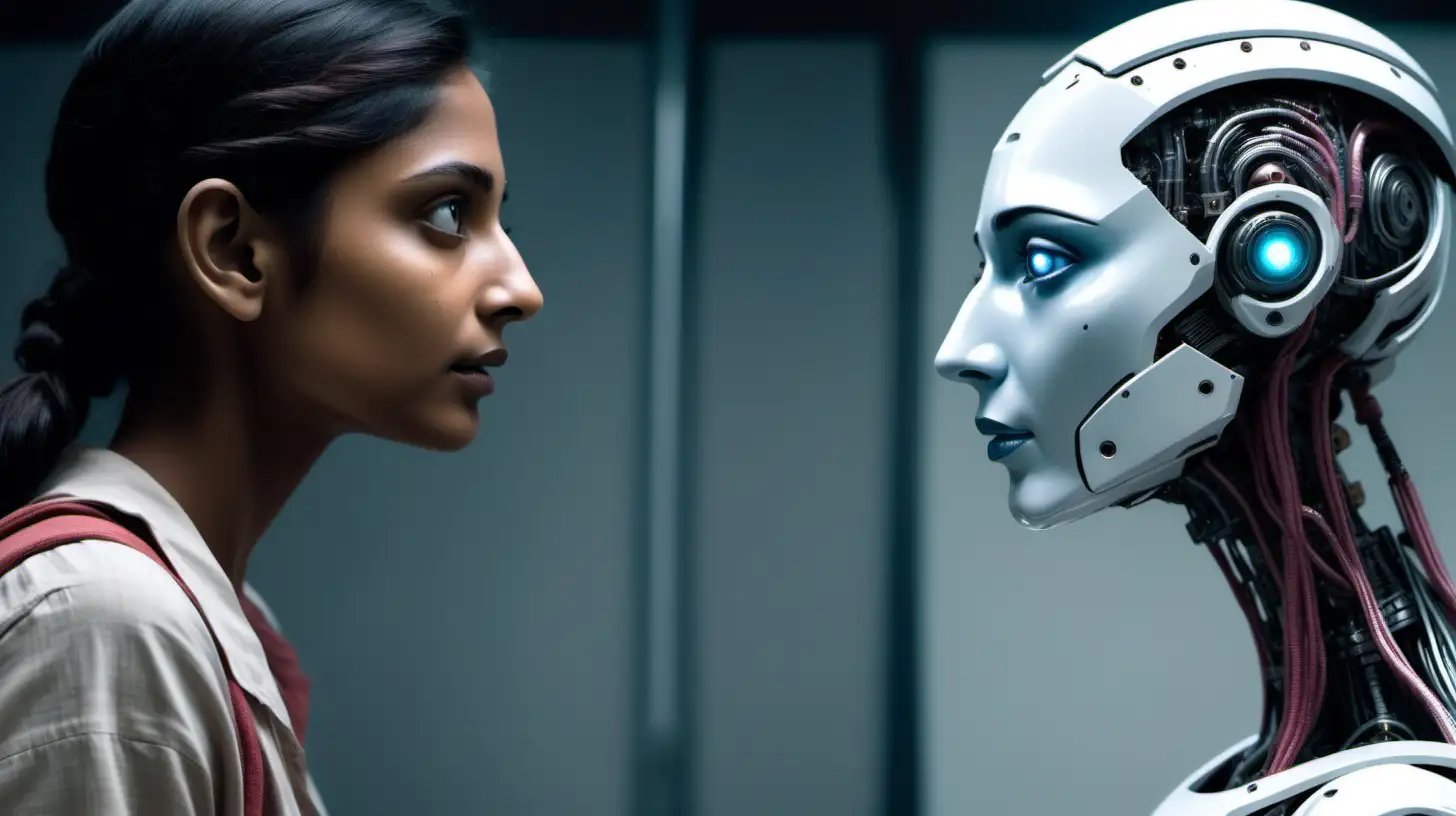 Young human female Indian scientist confronts  a replicant  Humanoid  robot that has a face very alike hers in a  realistic uncanny valley way.
