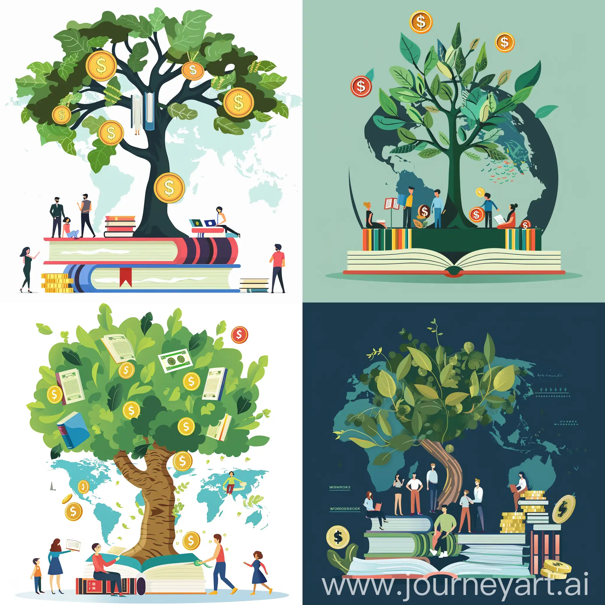 catchy real picture underlying the opportunity of paid trainings and services, showing a tree for the growing aspect, books for the training aspect, world for the worldwide aspect, people, something representing the future, coins or money for the investment aspect and the fact we talk about paid trainings and investment and that it will be profitable