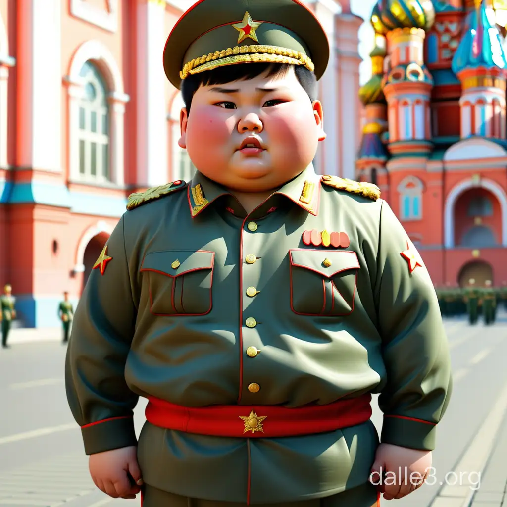 chubby asian boy in a russian army uniform on duty