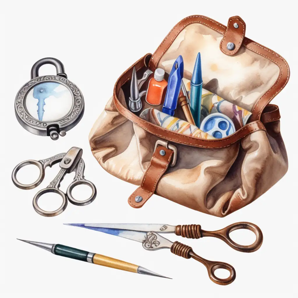 medieval storage bag with lock pick set, small scissors, handheld mirror, watercolor drawing, no background
