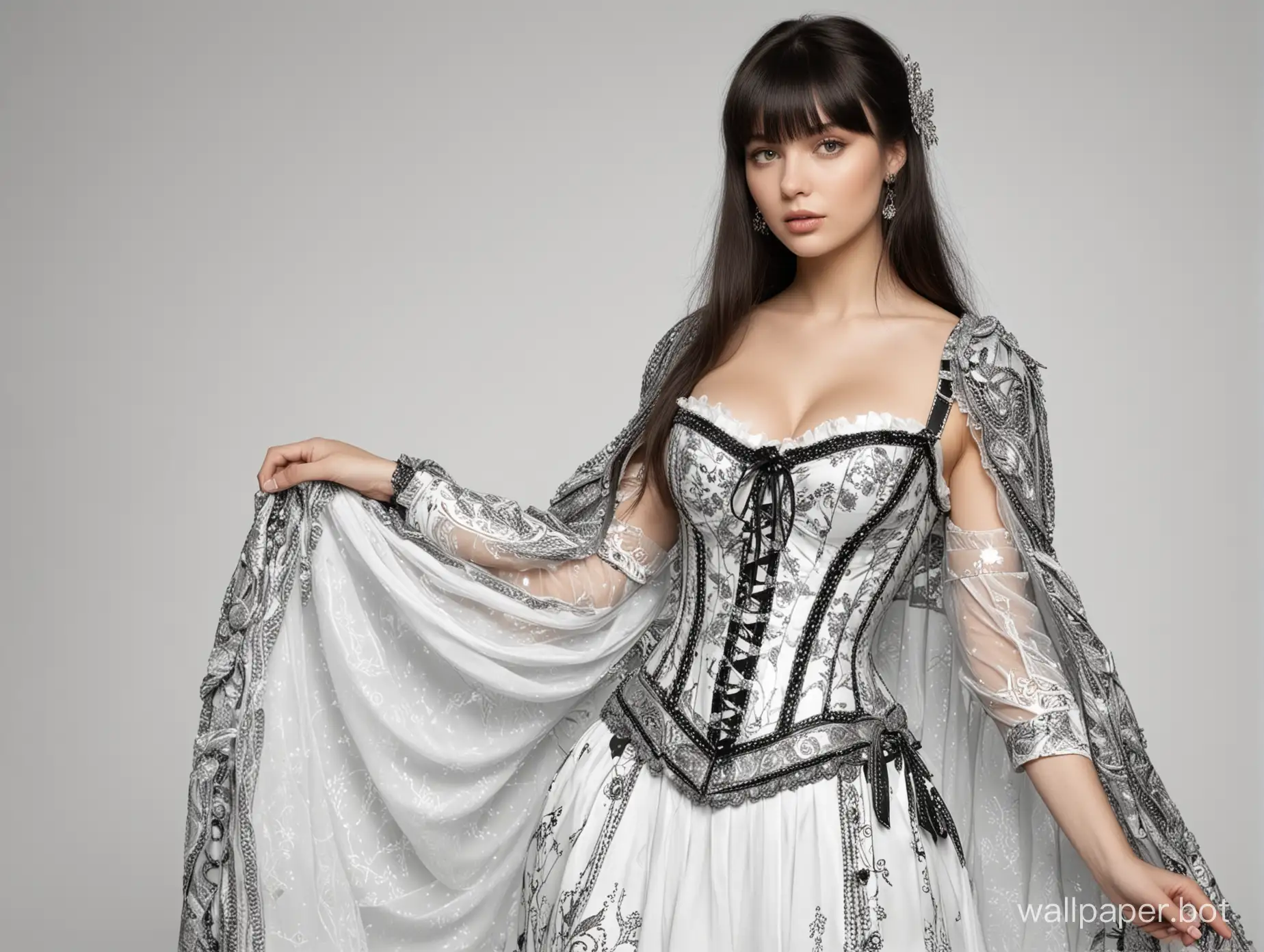 Young Irina Chashchina, a Scandinavian goddess, dark hair with bangs, large breasts of size 4, narrow waist. Bustier with lacing and decoration. Skirt with metallic overlays, a short cloak on the right shoulder, black and white sketch, white background. Nude-magic style.