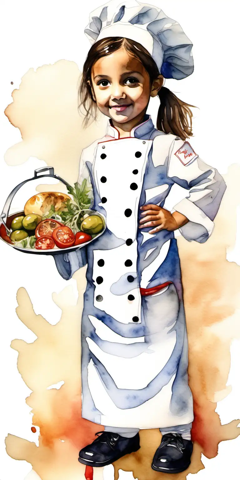 5 year old girl, brunette, olive skin tone, dressed as a chef, watercolour