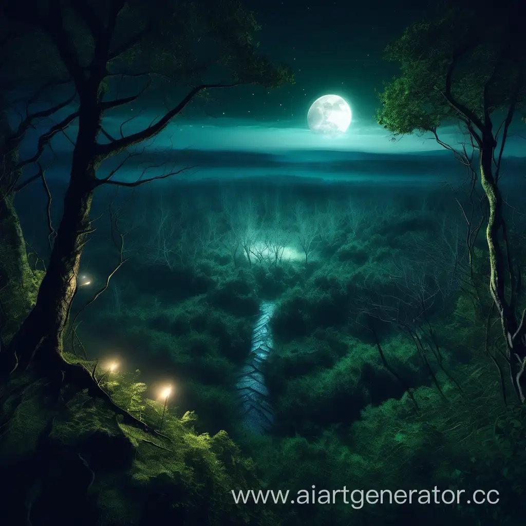 Enchanting-Nighttime-Aerial-View-of-Ancient-Forest-on-Hill