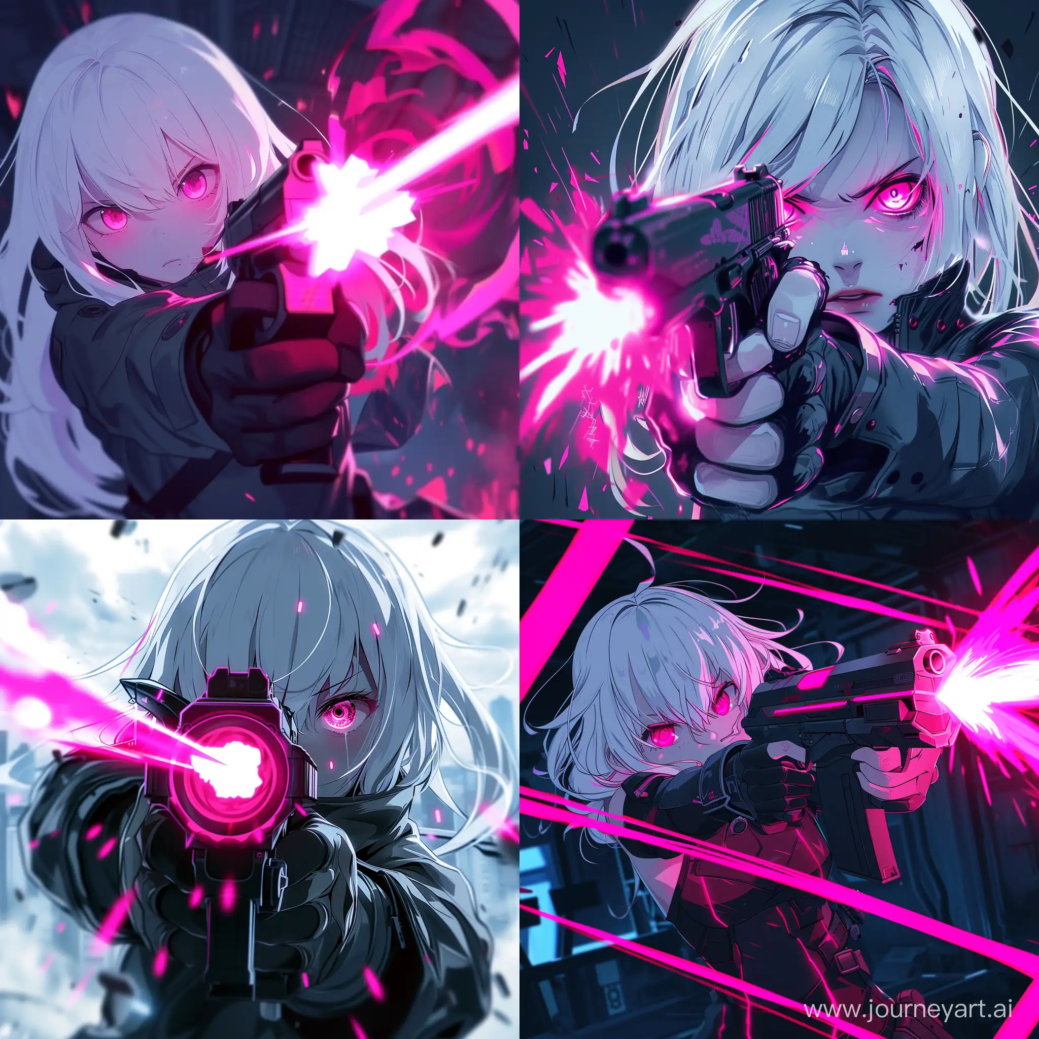 Neon Glitch Cutecore anime art. girl with white hair pink eyes shooting out of the gun