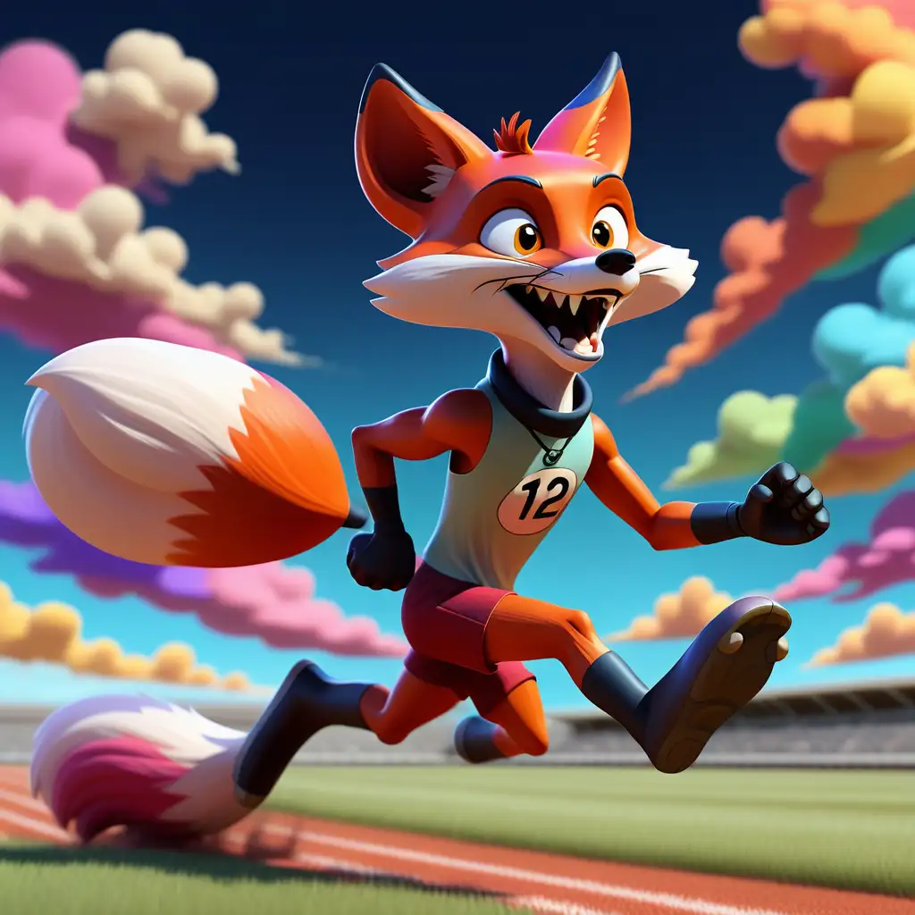 Felix the Colorful Fox Persevering in Race Amidst Vibrant Clouds