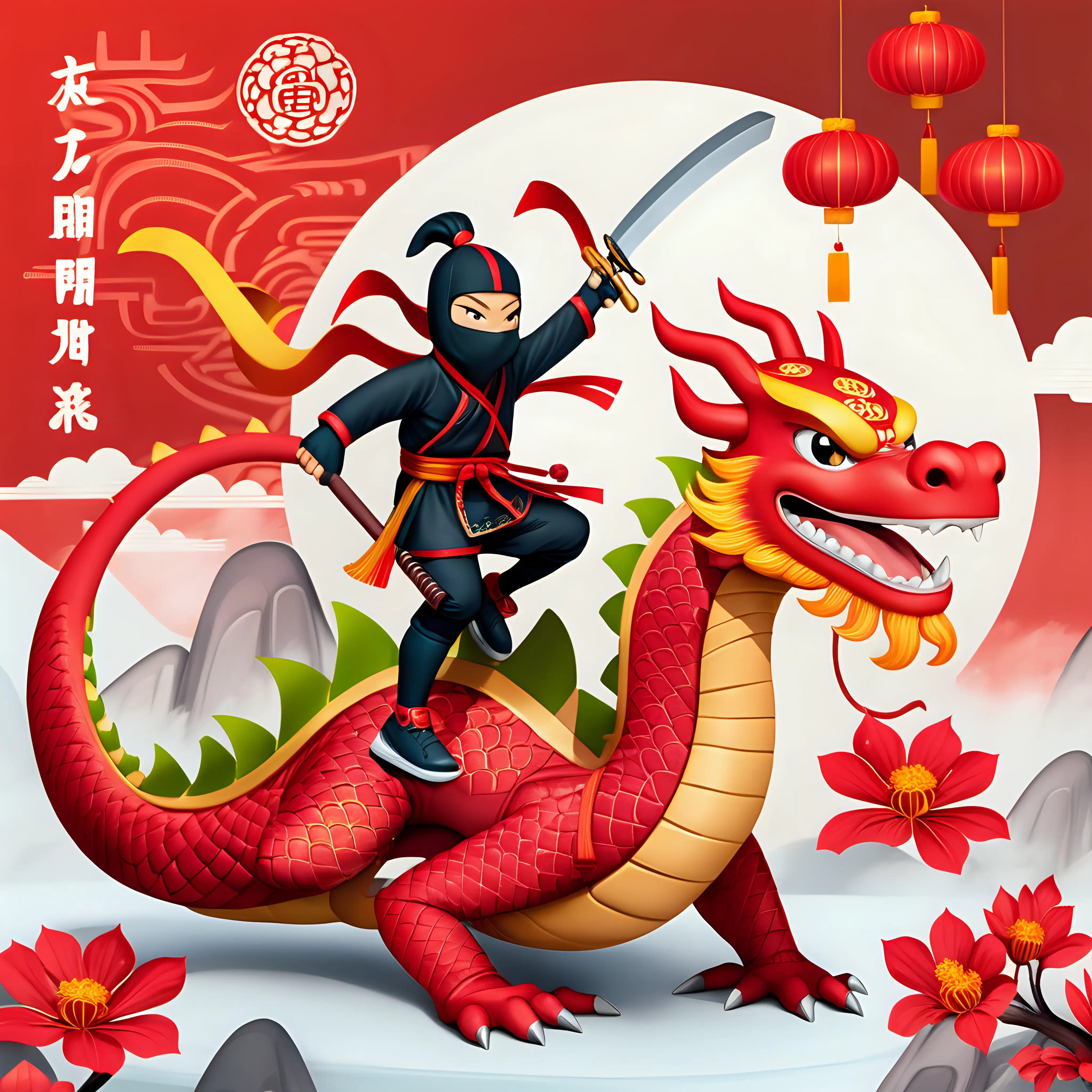 a ninja riding a friendly dragon celebrating chinese new year for social media