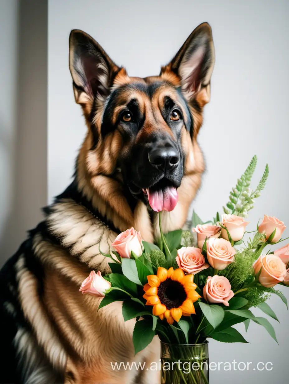 German-Shepherd-Dog-Sitting-Beside-Elegant-Flower-Bouquet