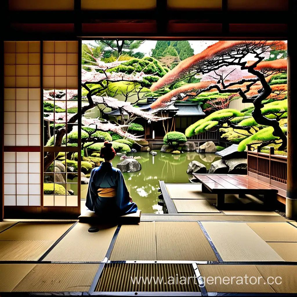 Путешественник сидит на японской веранде, смотрит на японский сад
