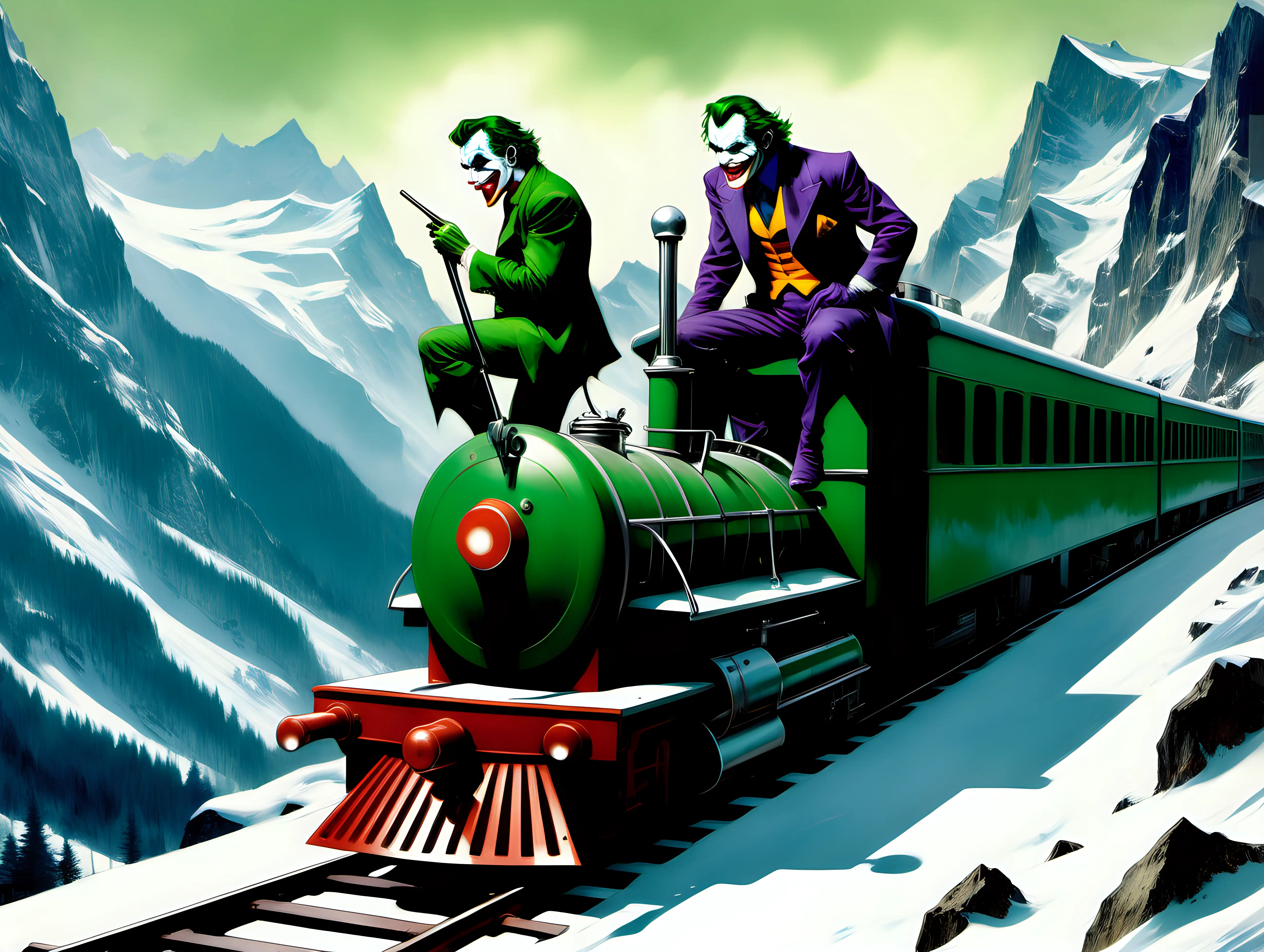 The Joker on a train in the Swiss Alps Frank Frazetta style
