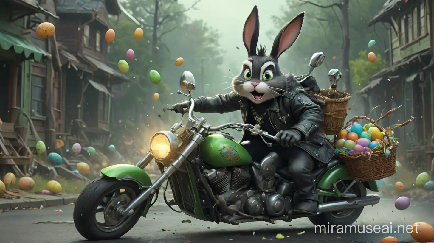 frightened Easter bunny with huge eyes, black fur and leather jacket and exaggerated cartoon features rides a green metallic painted chopper motorcycle. Behind the bunny is a basket of brightly painted Easter eggs that fall out as he rides.
The Easter bunny is driving away from a disaster in the background. anthropomorphic, screaming, moving, action burst, misty, stormy, 70mm, cinematic, highly detailed, flying debris, sparkling lights, aura,