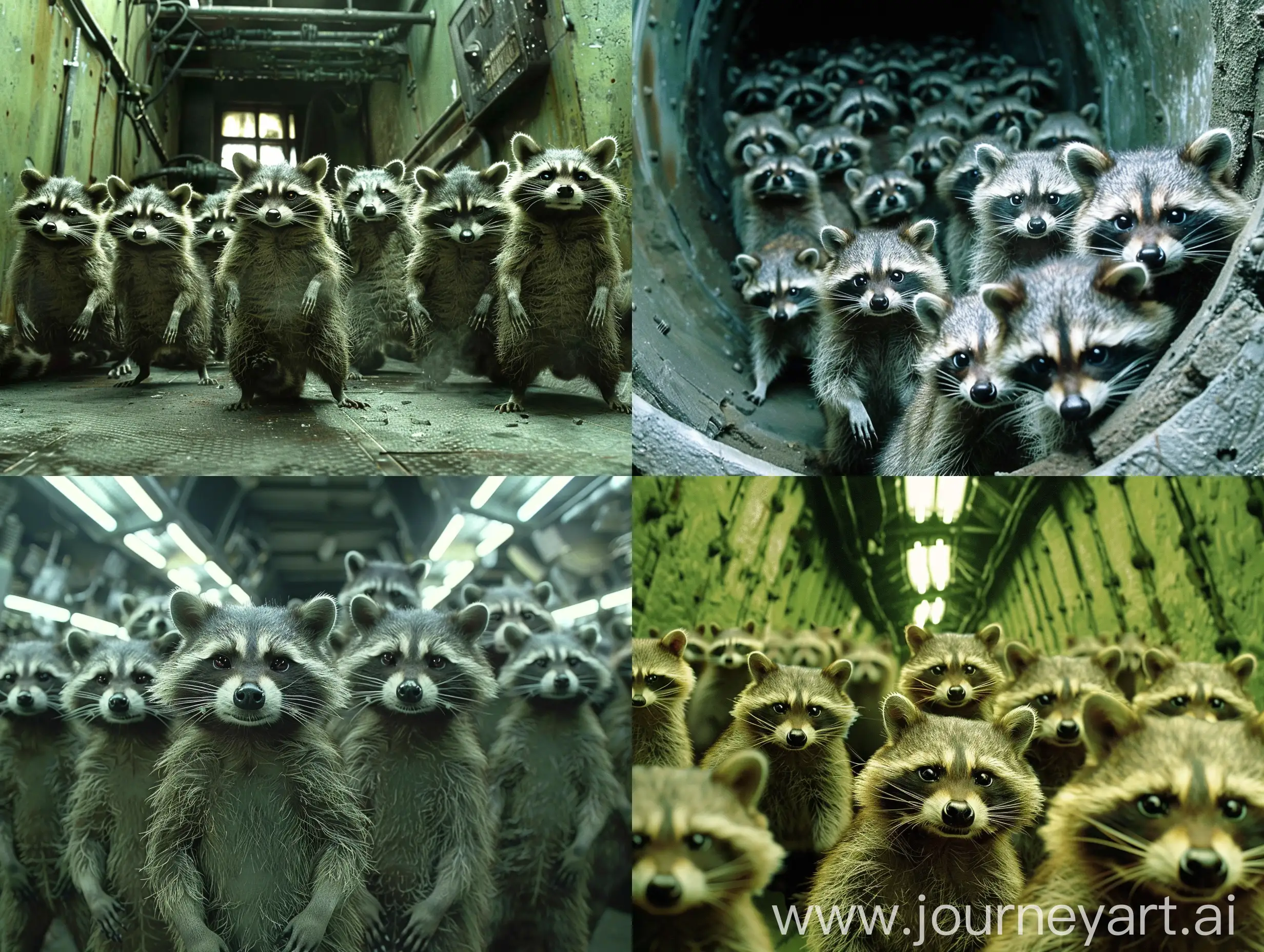 Imagine a shot from the movie "The Matrix" if raccoons played all the roles in it instead of people