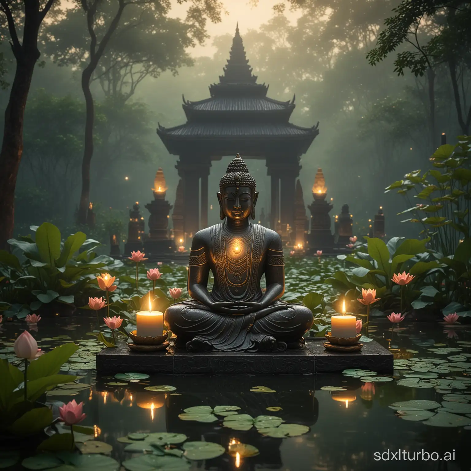 a photorealistic, dramatic mystic light, detailed, bokeh, mist, inspiring, tranquil, symmetric, temple backyard, bronze Osiris statue, meditation space lush with green vegetation and water flowing in the middle, blooming lotus on the water, night time, candle lights, warm and inviting, the image is symmetric