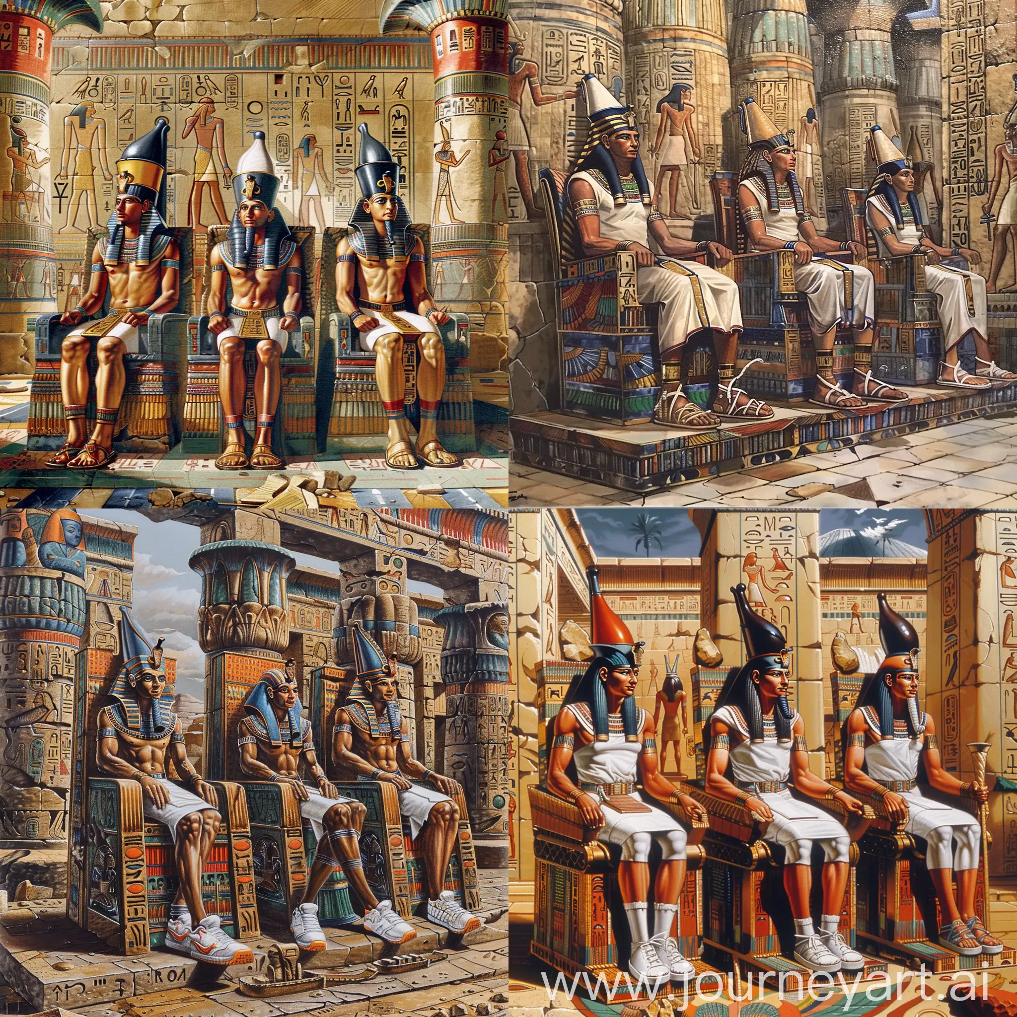 Painting mode :

Three Egyptian Gods are sitting on their imperial thrones. They all wear Egyptian shoes.

The first left one is Egyptian god Ra.

The second middle one is Egyptian god Atum.

The third left one is Egyptian god Khepri.

They are all inside a splendid Egyptian temple.