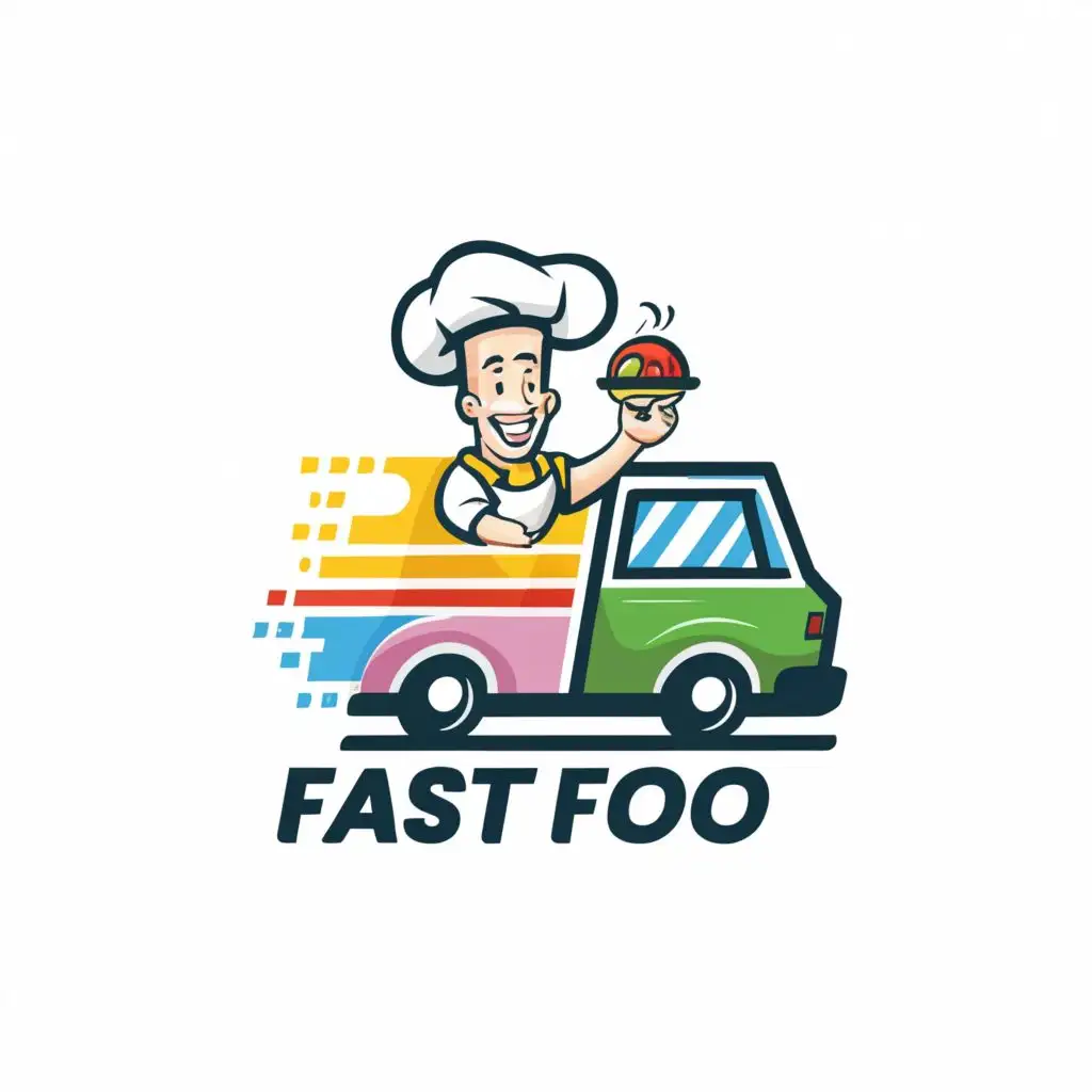 a logo design,with the text "Fast food", main symbol:a chef who deliver food with  truck,Moderate,clear background