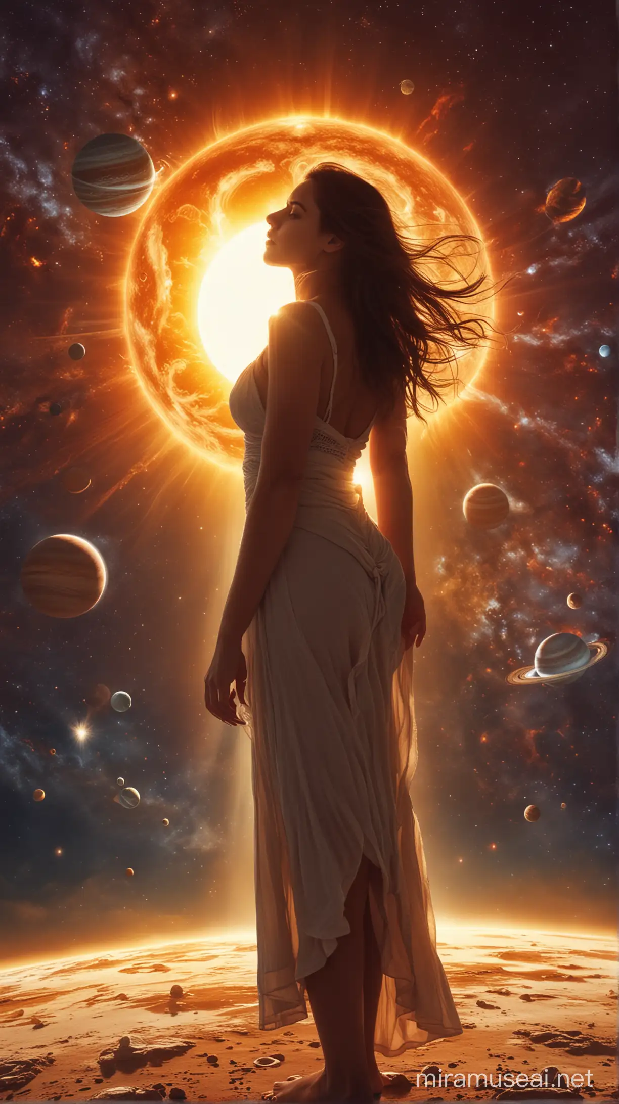 Woman Contemplating Universe Amongst Sun and Planets
