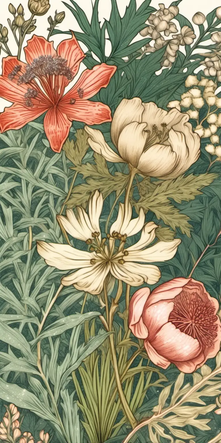 Vintage Botanical Illustration Beige Peony and Herbs in William Morris Style