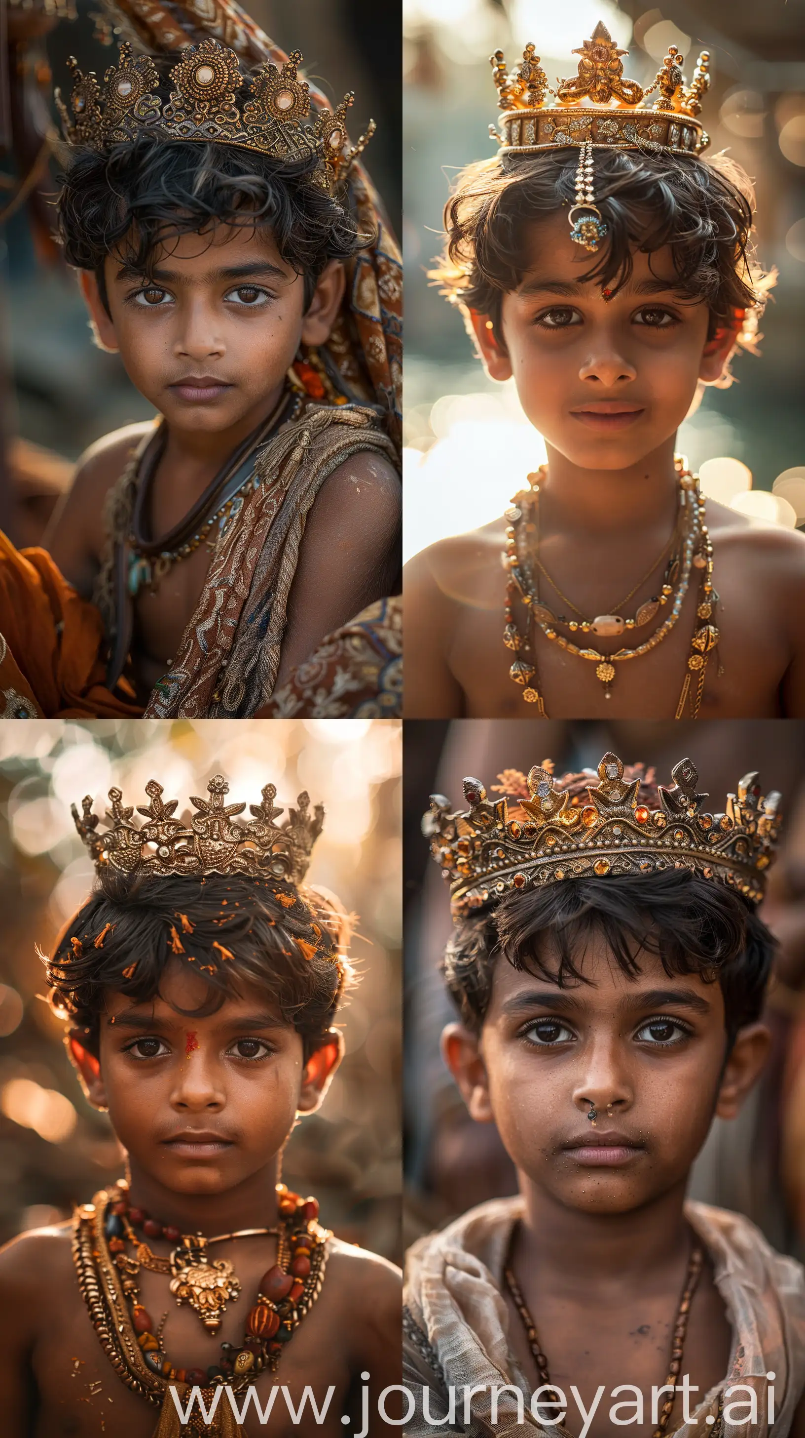 Realistic Indian boy with darker complexion around the age of 10 crowned, from ancient times, intimate, outdoor setting, warm tones, high resolution, intricate details, 8k, authentic traditional ambiance --ar 9:16 --s 300