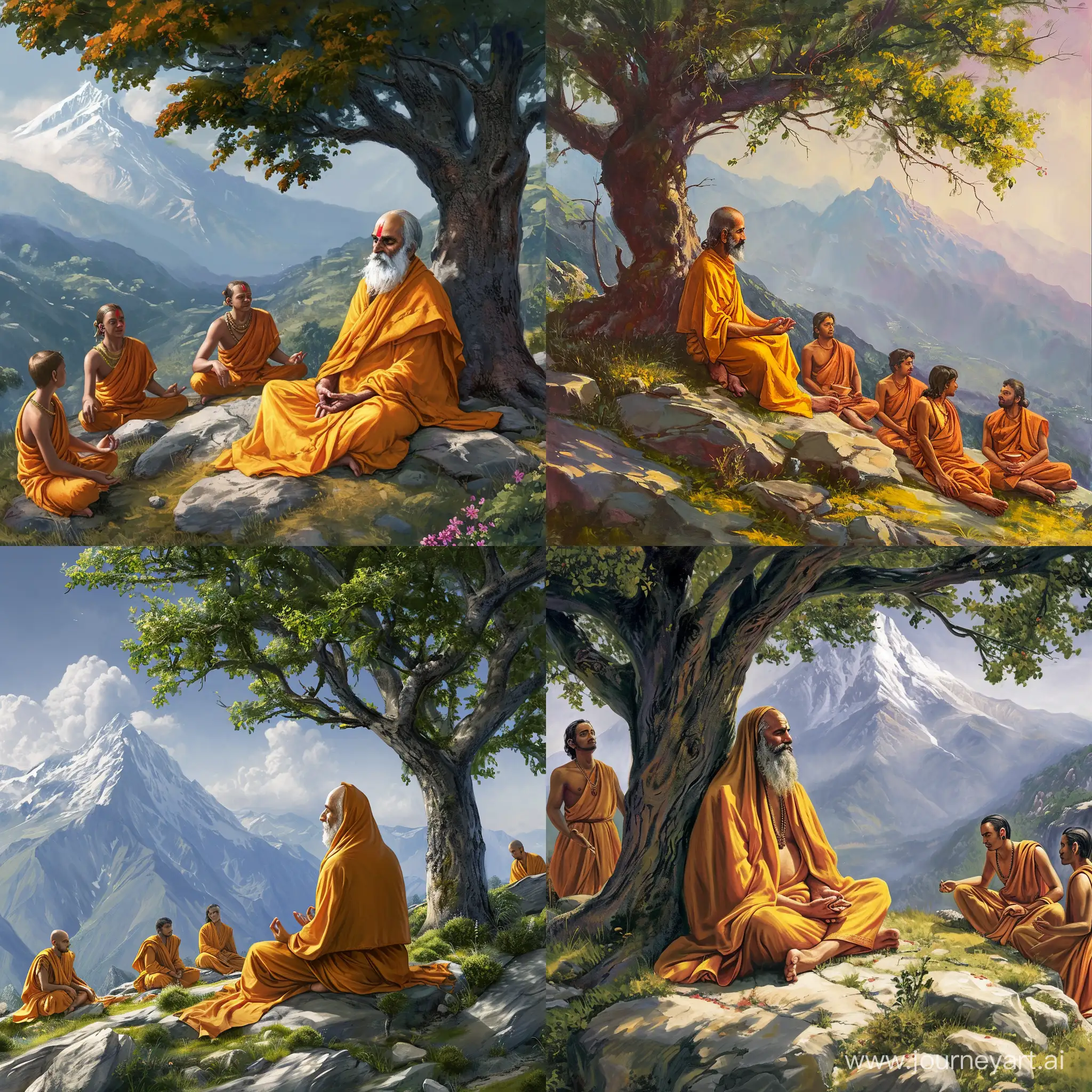 The saint in saffron clothe meditating calmly under the tree but on the top of mountains with his disciples 