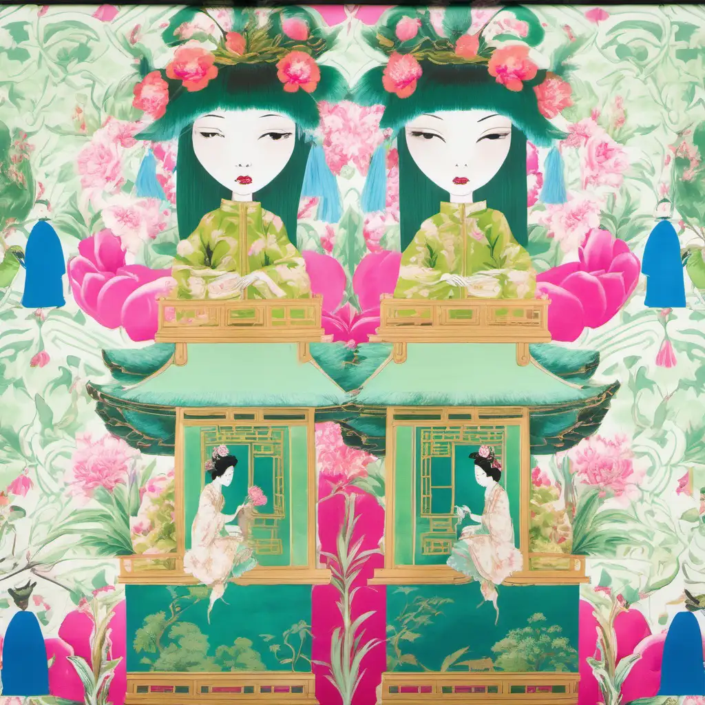 Elegant Woman Adorned in Pagoda Headdress Against Green Chinoiserie Wallpaper