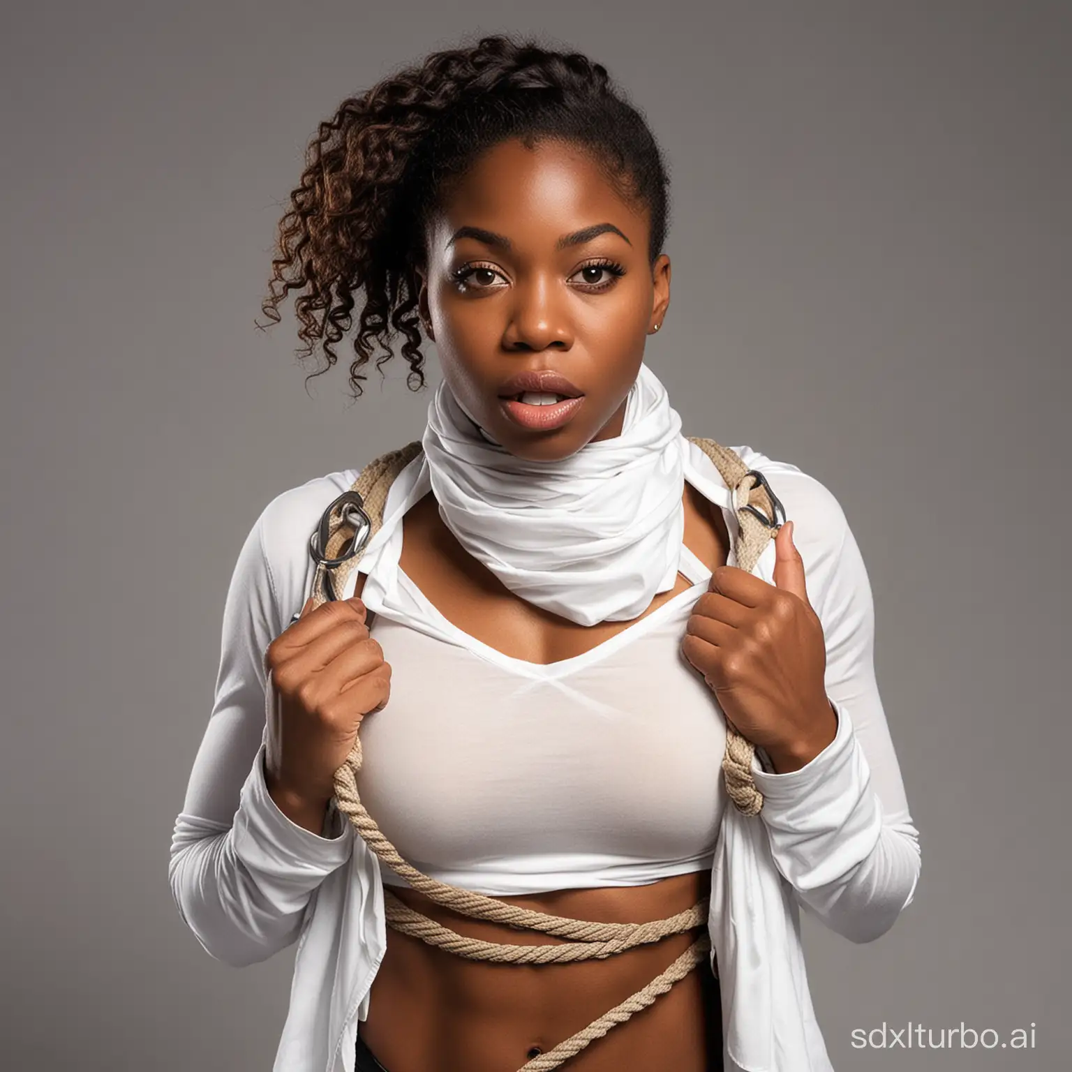 A 25-year-old African American female superhero from the United States, bound with ropes, hands tied behind her back, mouth gagged with a white cloth strip.