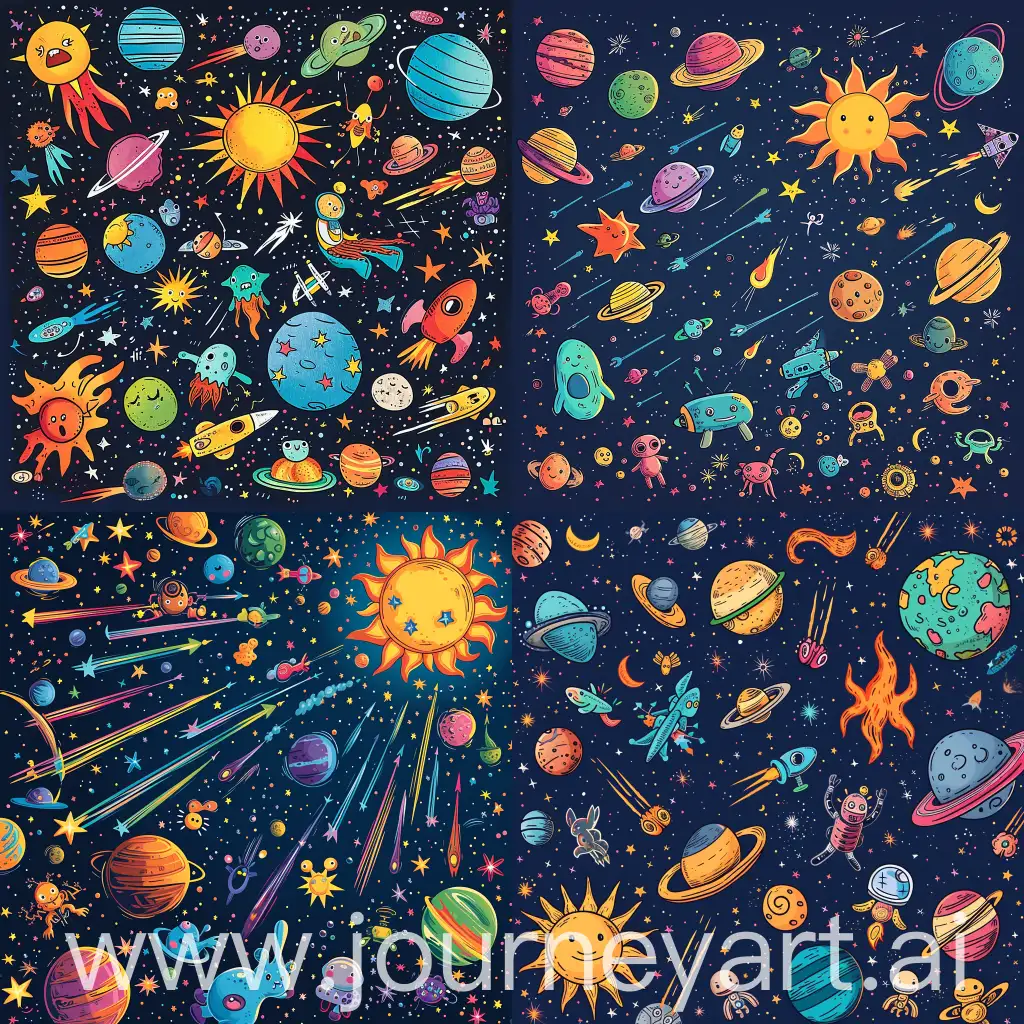 Cartoon of a Outer space scene packed with shooting stars, colourful planets, moons, spaceships and cute little aliens and burning sun in the distance 
