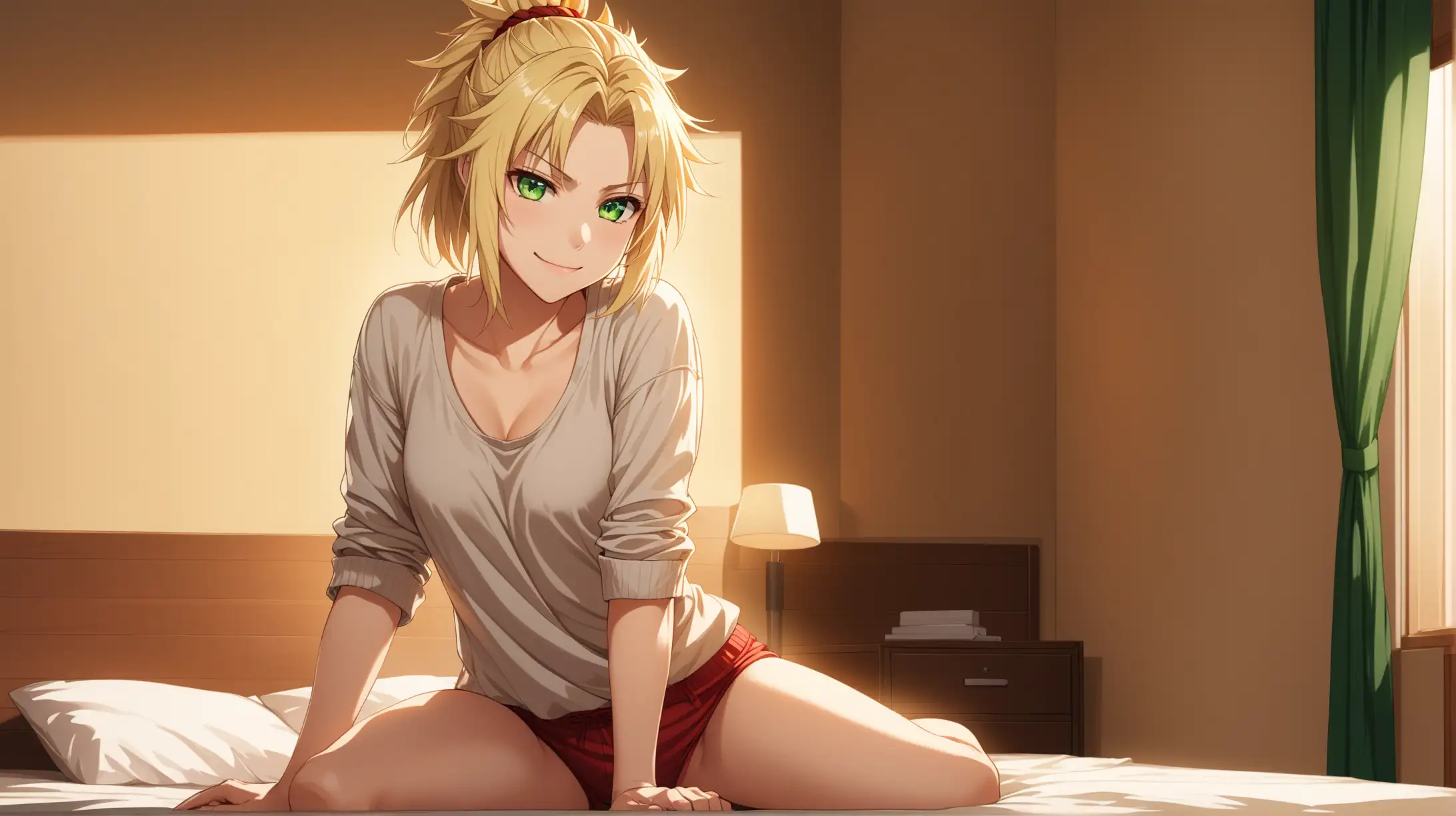 Draw the character Mordred, green eyes, high quality, ambient lighting, long shot, indoors, bedroom, seductive pose, wearing a casual outfit, smiling at the viewer