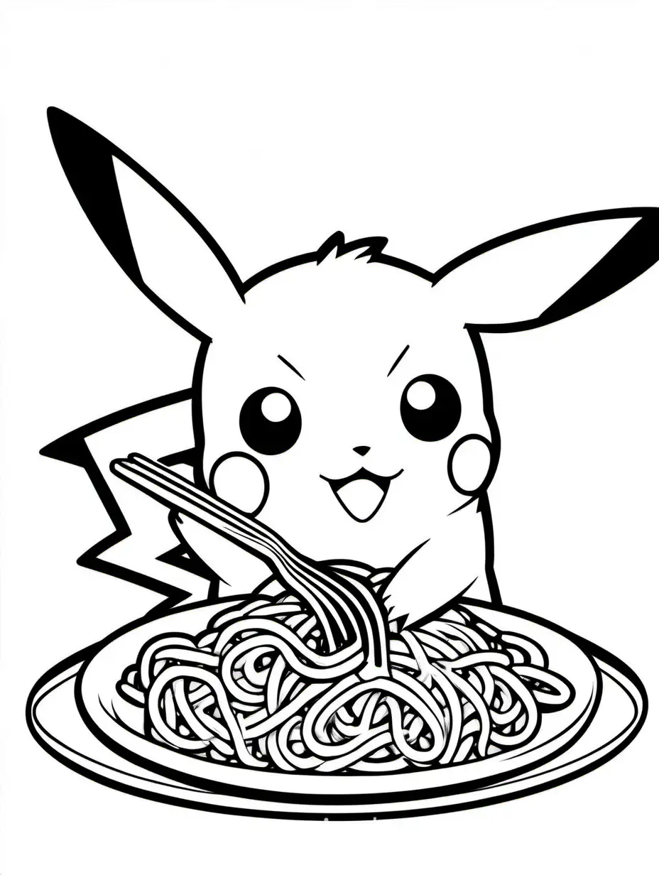 Pikachu eating spaghetti and meatballs, Coloring Page, black and white, line art, white background, Simplicity, Ample White Space. The background of the coloring page is plain white to make it easy for young children to color within the lines. The outlines of all the subjects are easy to distinguish, making it simple for kids to color without too much difficulty