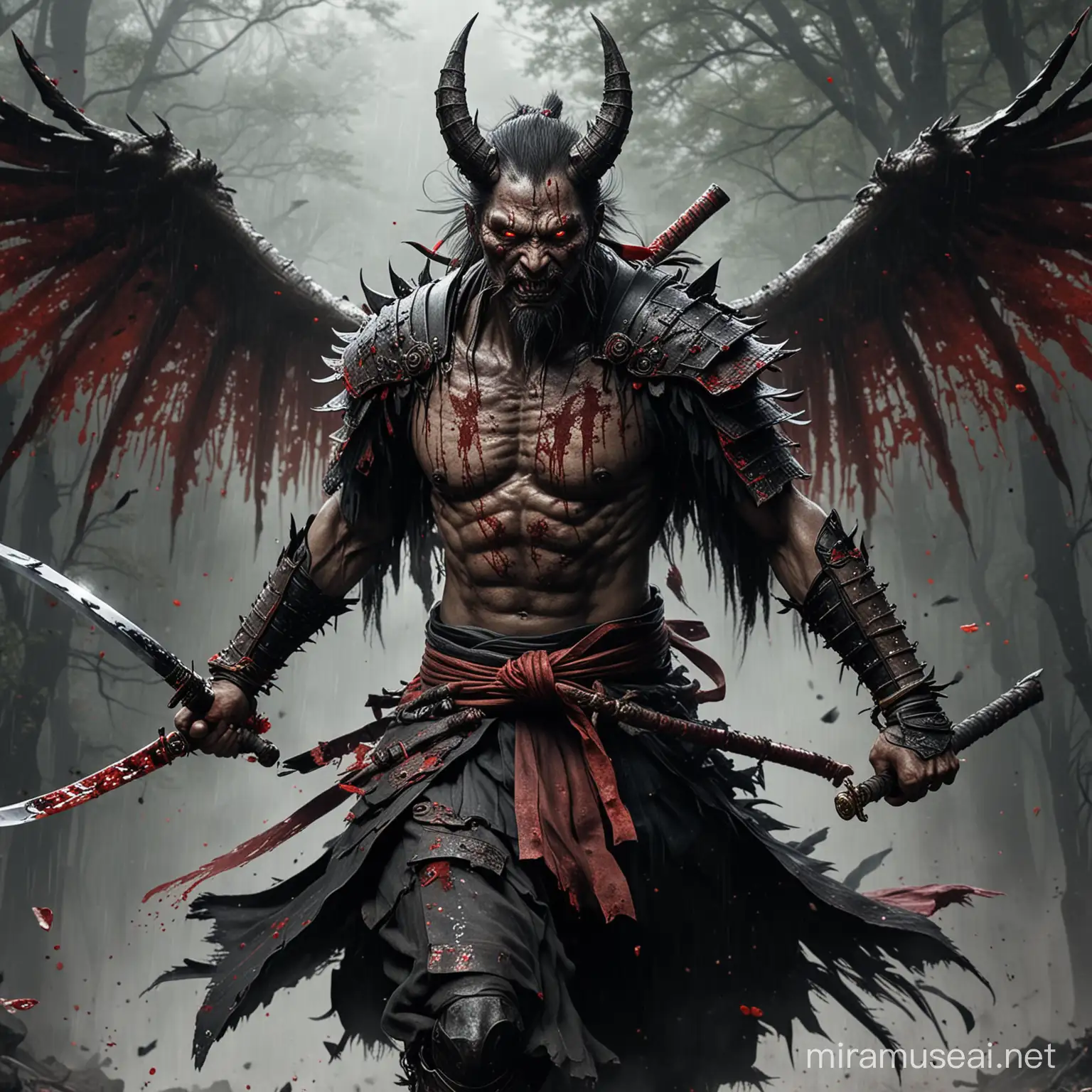 creepy samurai demon with blood all over his arms and wings running with swornd in his hand