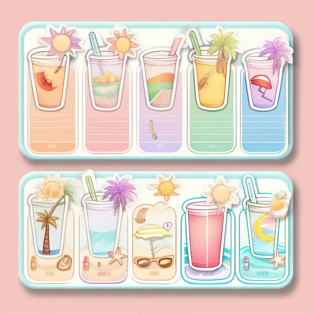 /imagine prompt: A sticker sheet with bright pastel, beach-themed daily habit trackers, including whimsical sunscreen reapplication reminders, hydration trackers shaped like cute pastel beach drinks, and step counters with sandy footprints. Each sticker features playful planner girl illustrations enjoying beach activities in soft pastel hues. Created Using: animated digital art, functional icon design, vibrant pastel color scheme, beach lifestyle theme, detailed cute characters, sunny atmosphere, hd quality, natural look --ar 1:1 --v 6.0