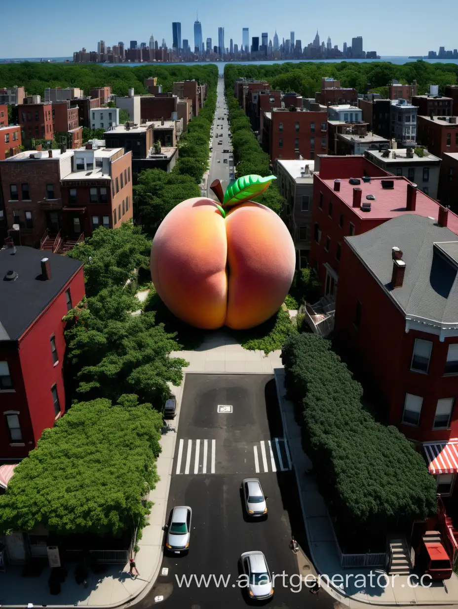 Нью Йорк
Лето
Жара
Улица в центре
И посреди домов стоит дом в форме персика