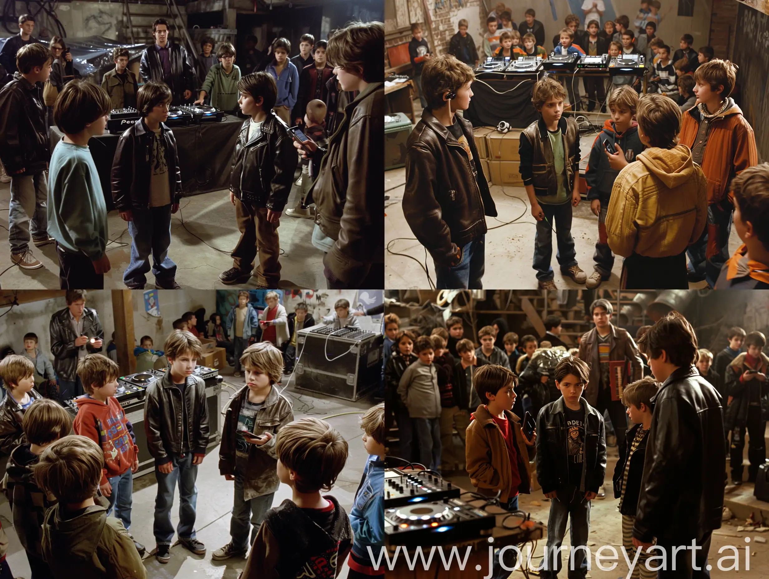 Childrens-LiveAction-Film-Scene-Boys-Confronting-Older-Boy-in-Disco-Basement-Setting