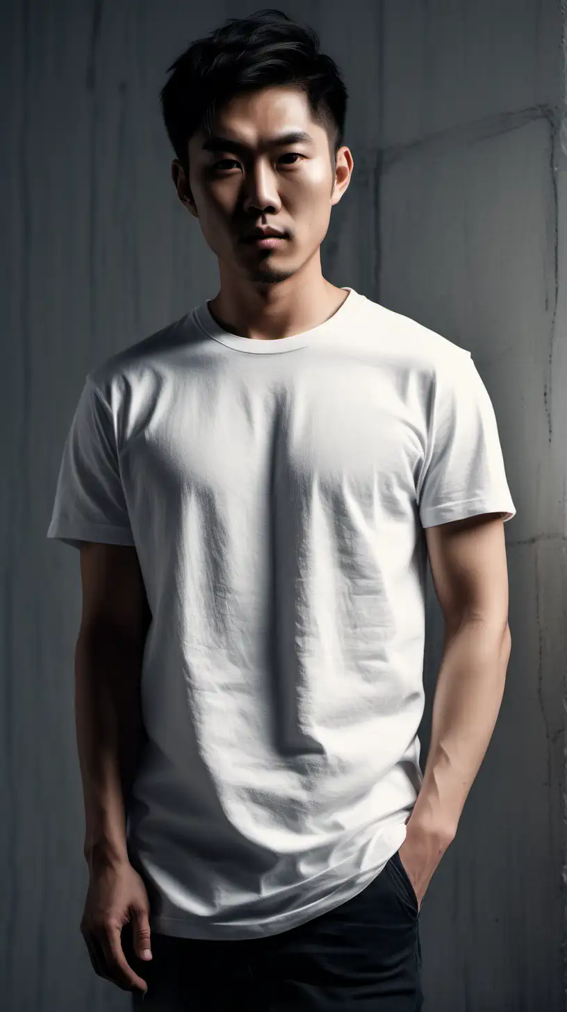 IMAGE_TYPE: Fashion mockup | GENRE: Lifestyle | EMOTION: Stylish | SCENE: A asian man]wearing a high-quality blank white t-shirt for a mockup design, with a focus on the high-resolution texture and details of the clothes. The [asian man] is positioned against a off white concrete background, with a shadow effect adding depth to the image.| ACTORS: asian man | LOCATION TYPE: Studio | CAMERA MODEL: DSLR | CAMERA LENS: 50mm f/1.4 | SPECIAL EFFECTS: None | TAGS: fashion, mockup, lifestyle, stylish, high resolution, high-quality t-shirt, shadow effect, [Color] background --ar 9:16 --v 5.2
