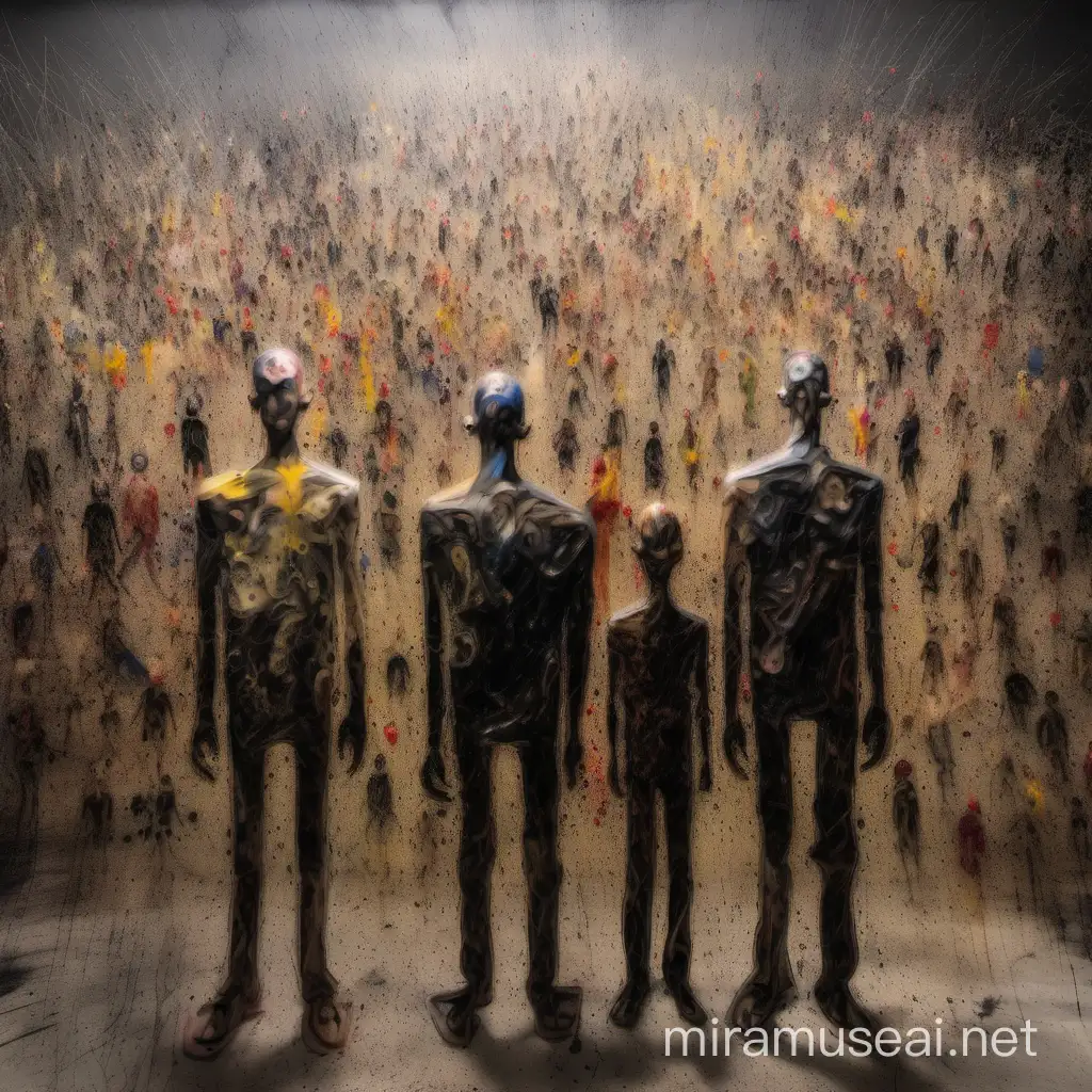 Three big weird humans are looking to camera over dozens of tiny people. Blurred oil painting on canvas made of blurred strokes. Jackson Pollock  style 